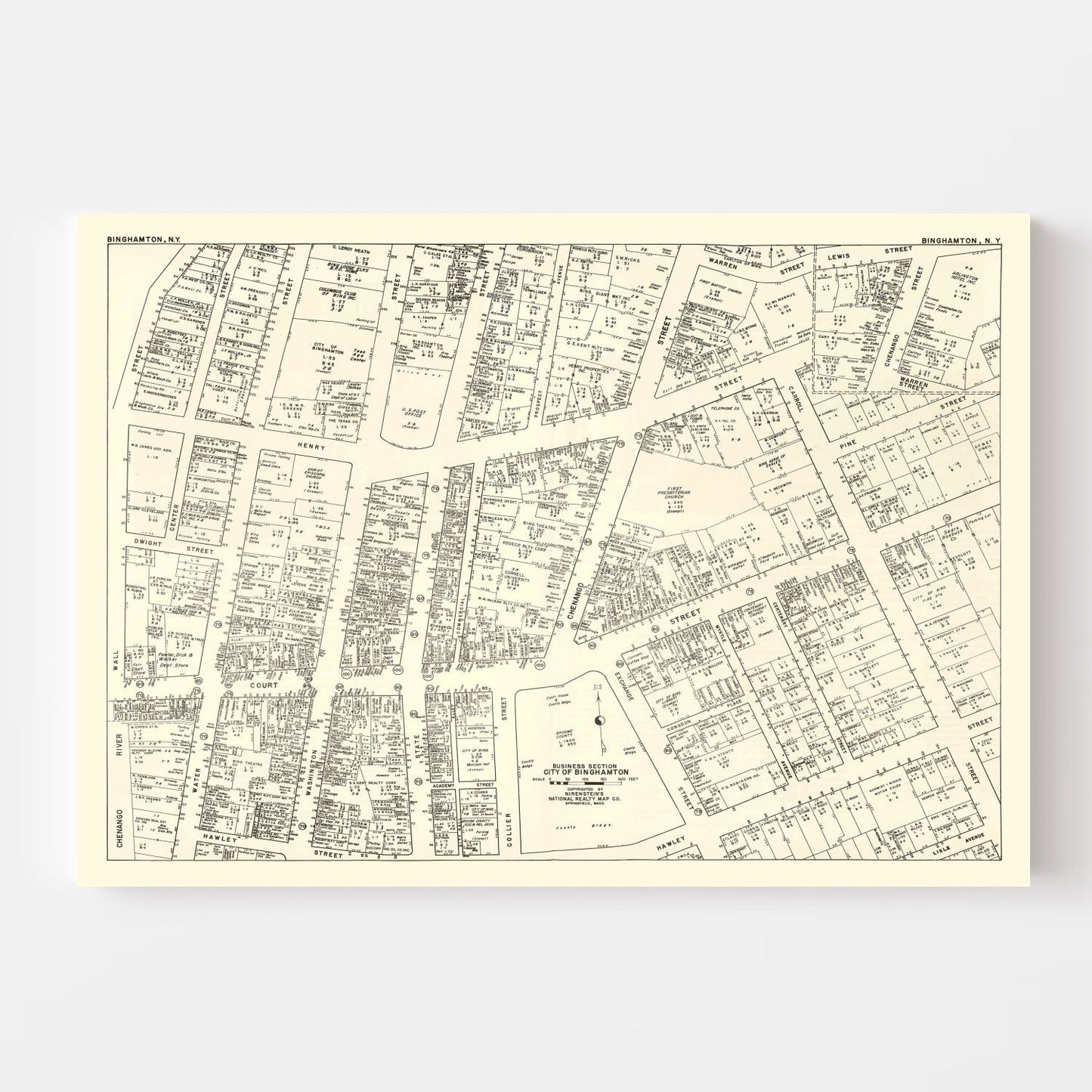 Vintage Map of Binghamton, New York, Business District, 1947