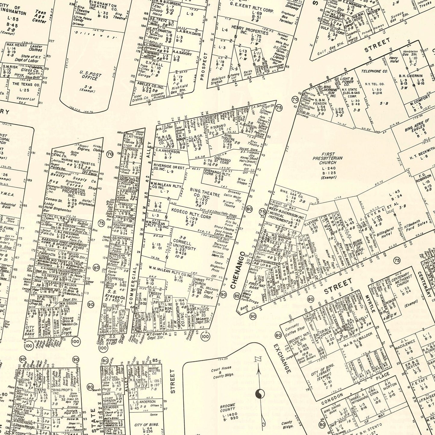 Vintage Map of Binghamton, New York, Business District, 1947