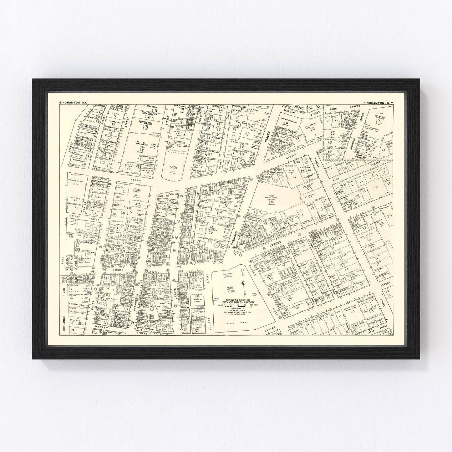 Vintage map of Binghamton, New York, business district, 1947
