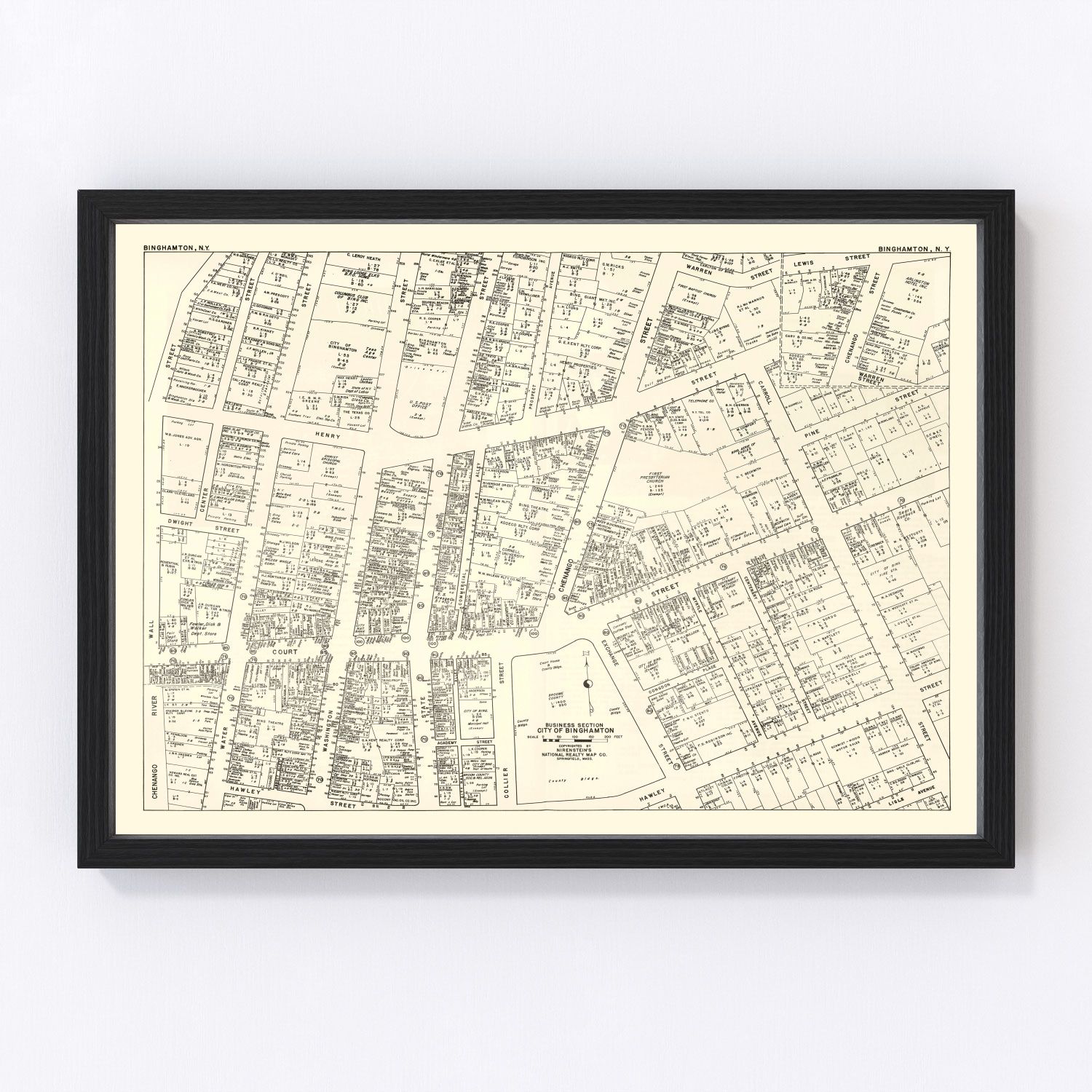 Vintage map of Binghamton, New York, business district, 1947