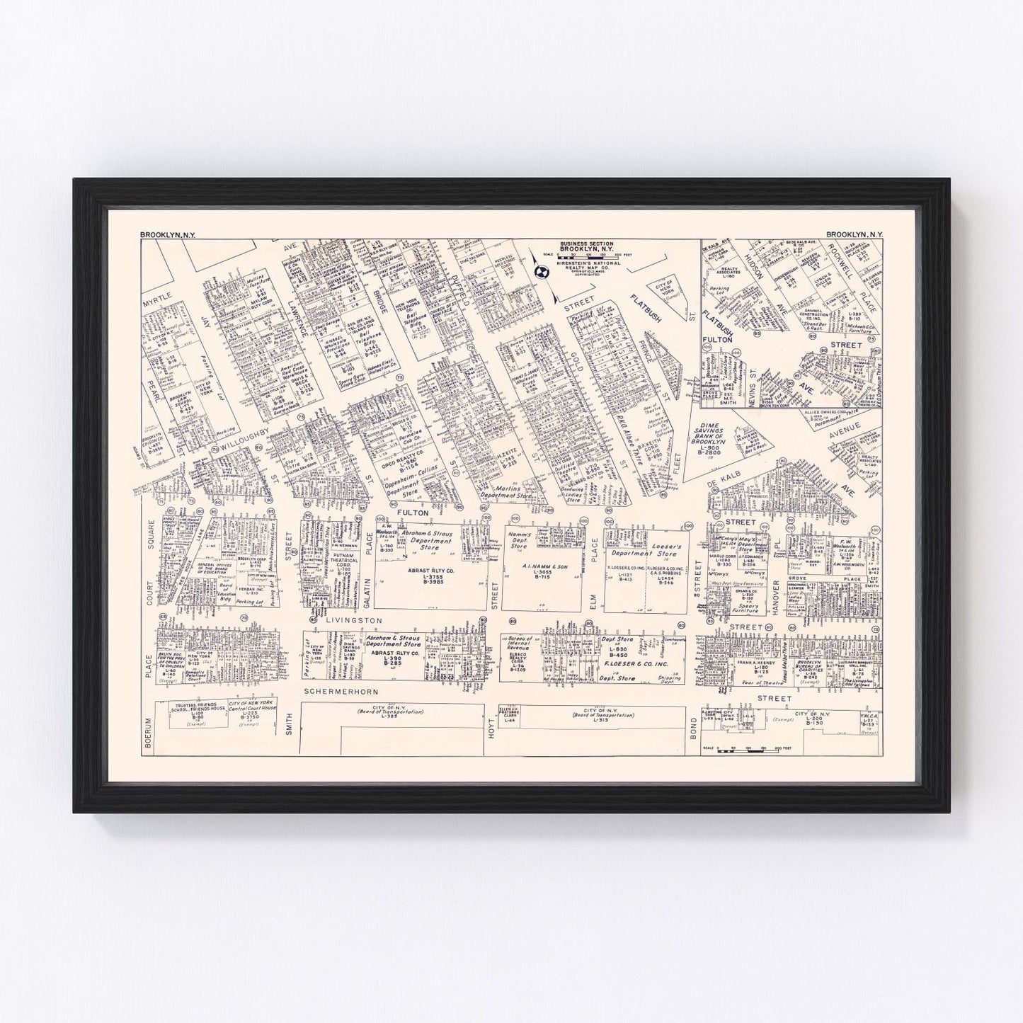 Vintage map of Brooklyn, NY business section, 1947 - digitally restored cartographic print