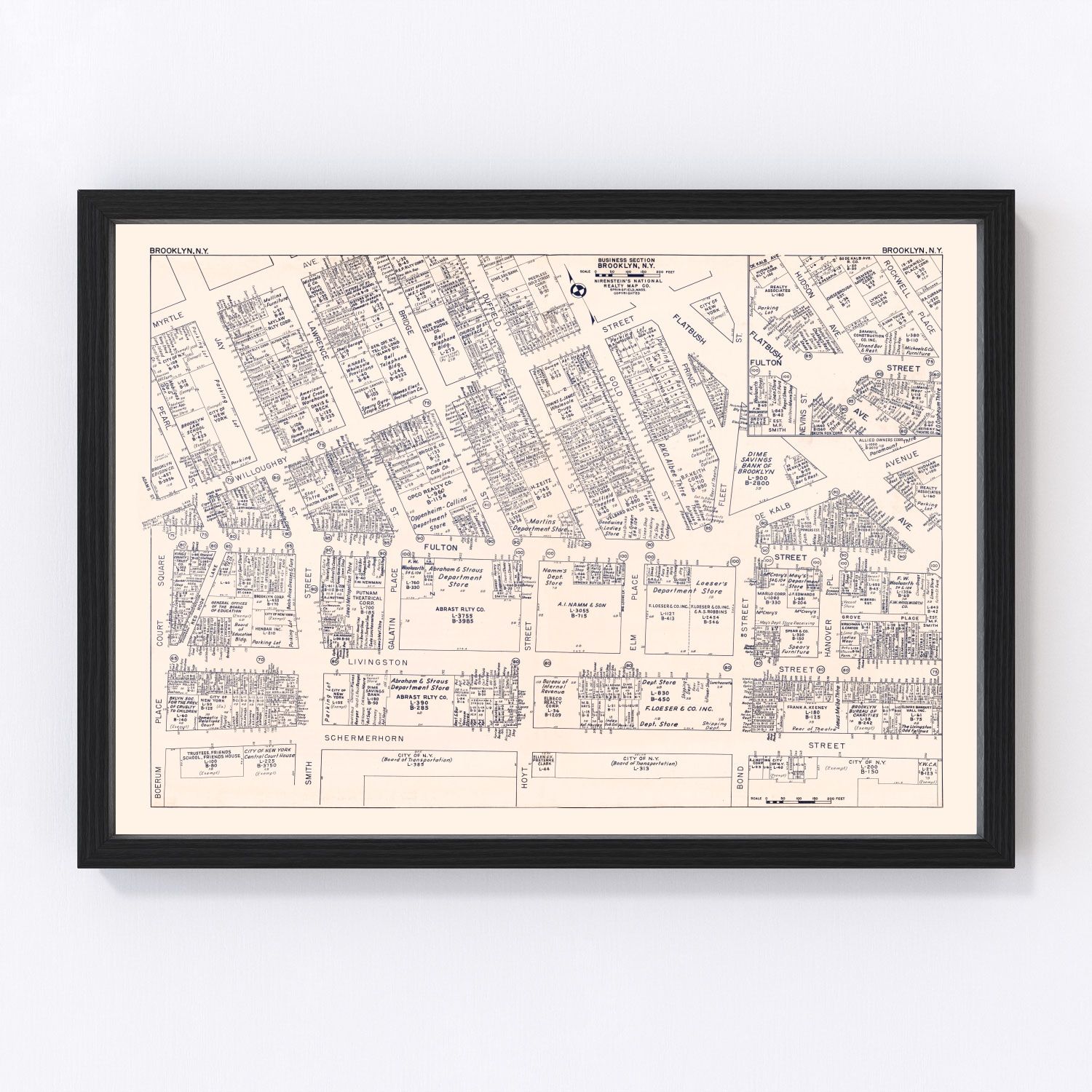 Vintage map of Brooklyn, NY business section, 1947 - digitally restored cartographic print