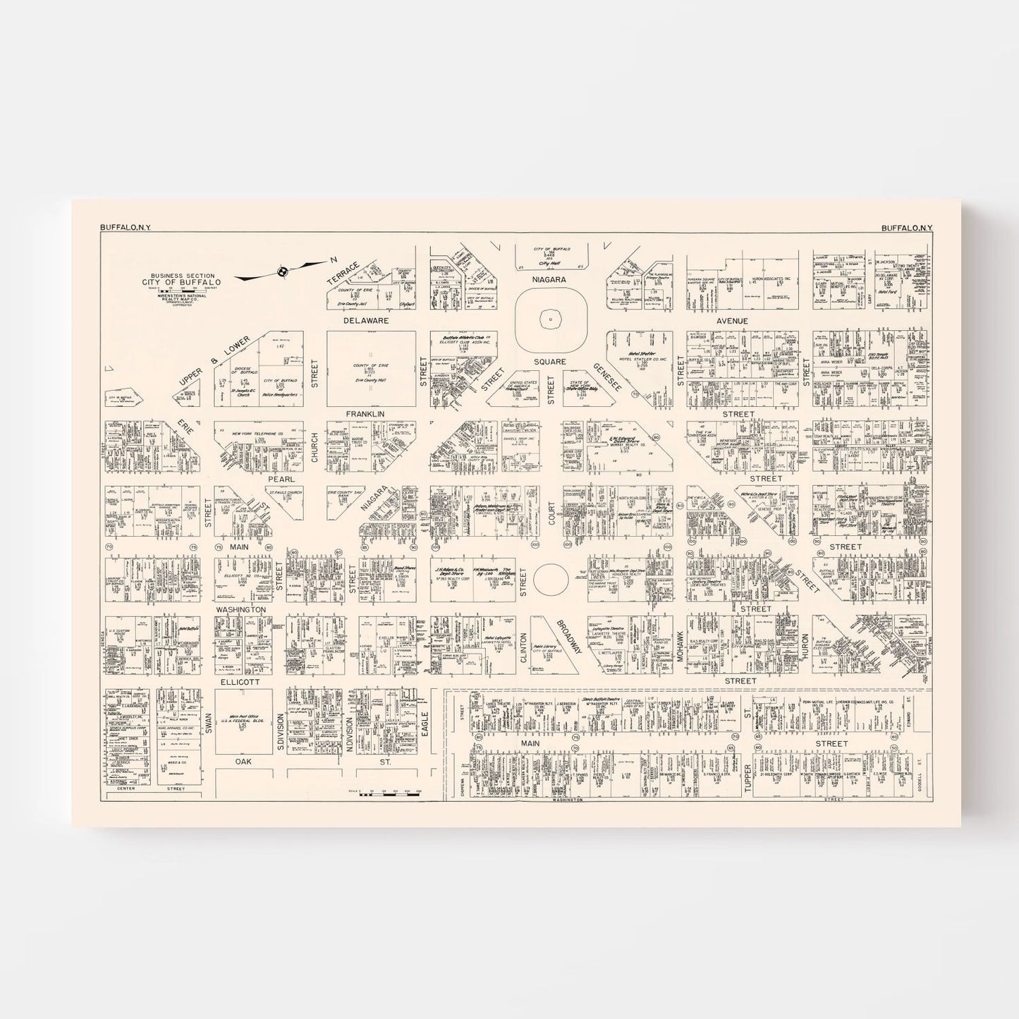 Vintage Map of Buffalo, NY Business Section, 1947