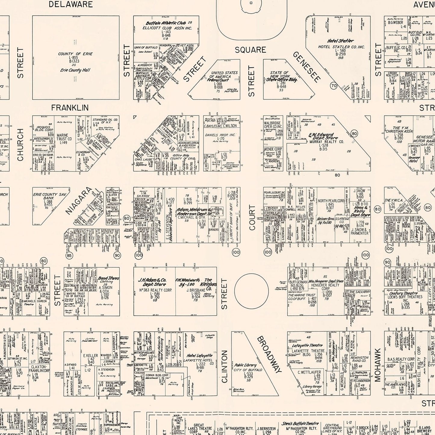 Vintage Map of Buffalo, NY Business Section, 1947