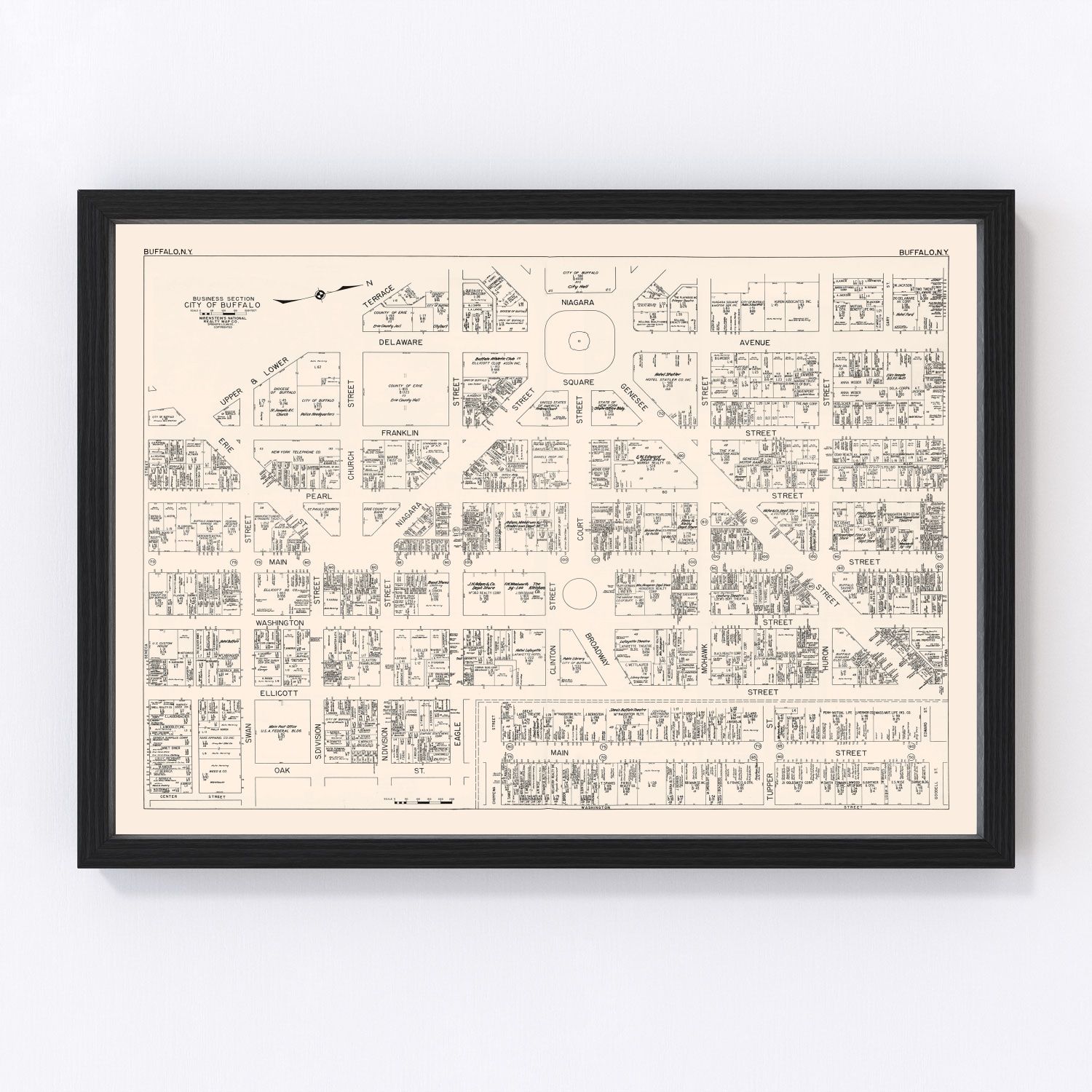 Vintage map of Buffalo NY Business Section, 1947, Erie County