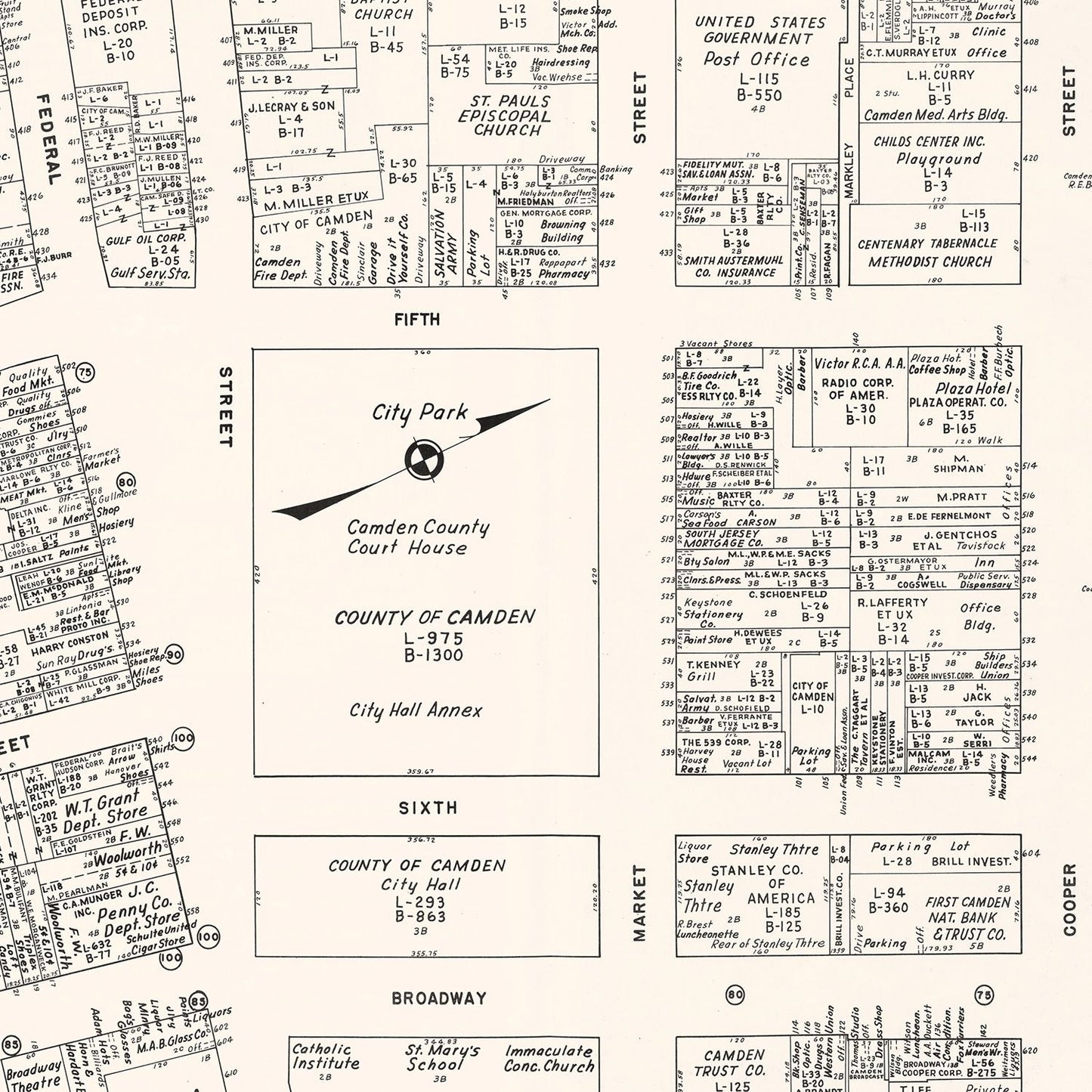 Vintage Map of Camden, NJ Business Section, 1947