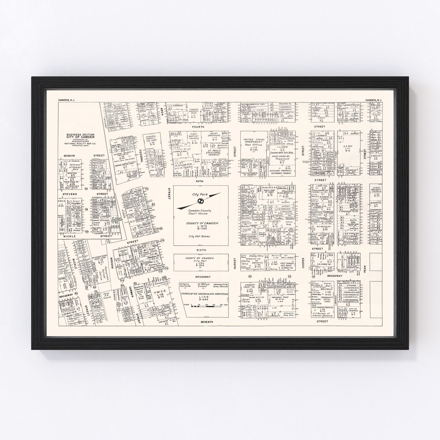 Vintage map of Camden NJ Business Section, 1947, Delaware River city print