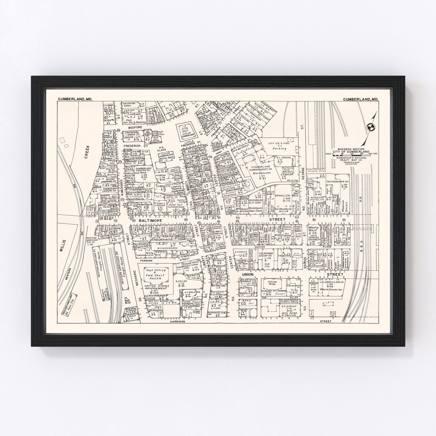 vintage map of Cumberland, Maryland business section, 1947