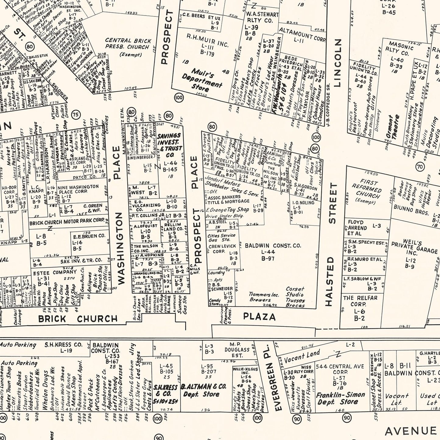 Vintage Map of East Orange, New Jersey Business Section, 1947