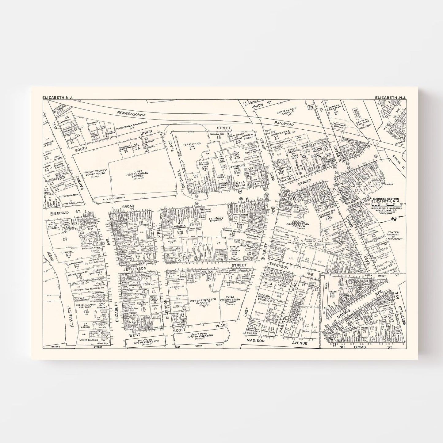 Vintage Map of Elizabeth, NJ Business Section 1947