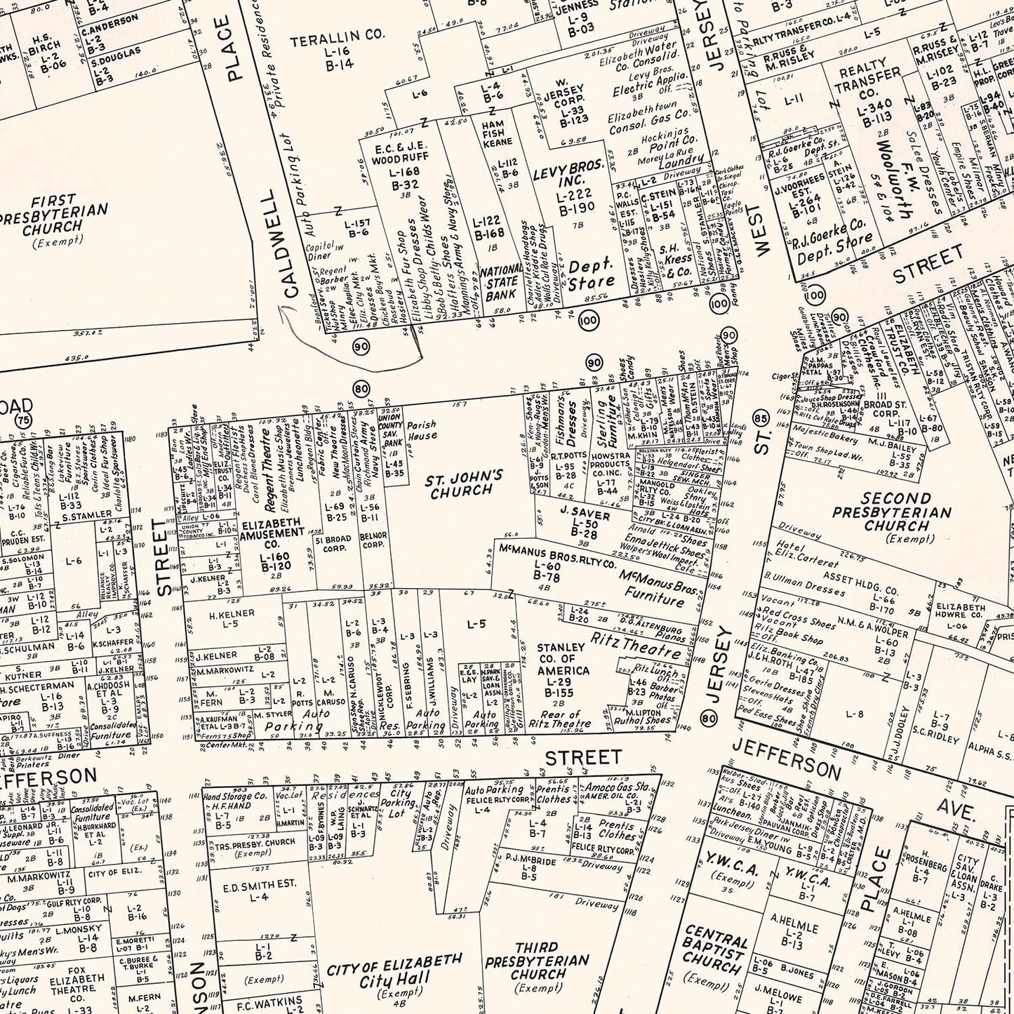 Vintage Map of Elizabeth, NJ Business Section 1947