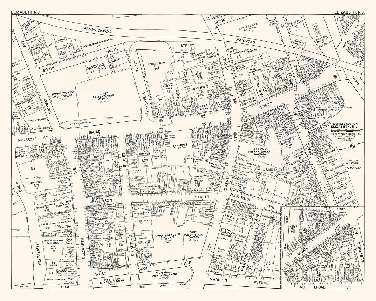 Vintage Map of Elizabeth, NJ Business Section 1947