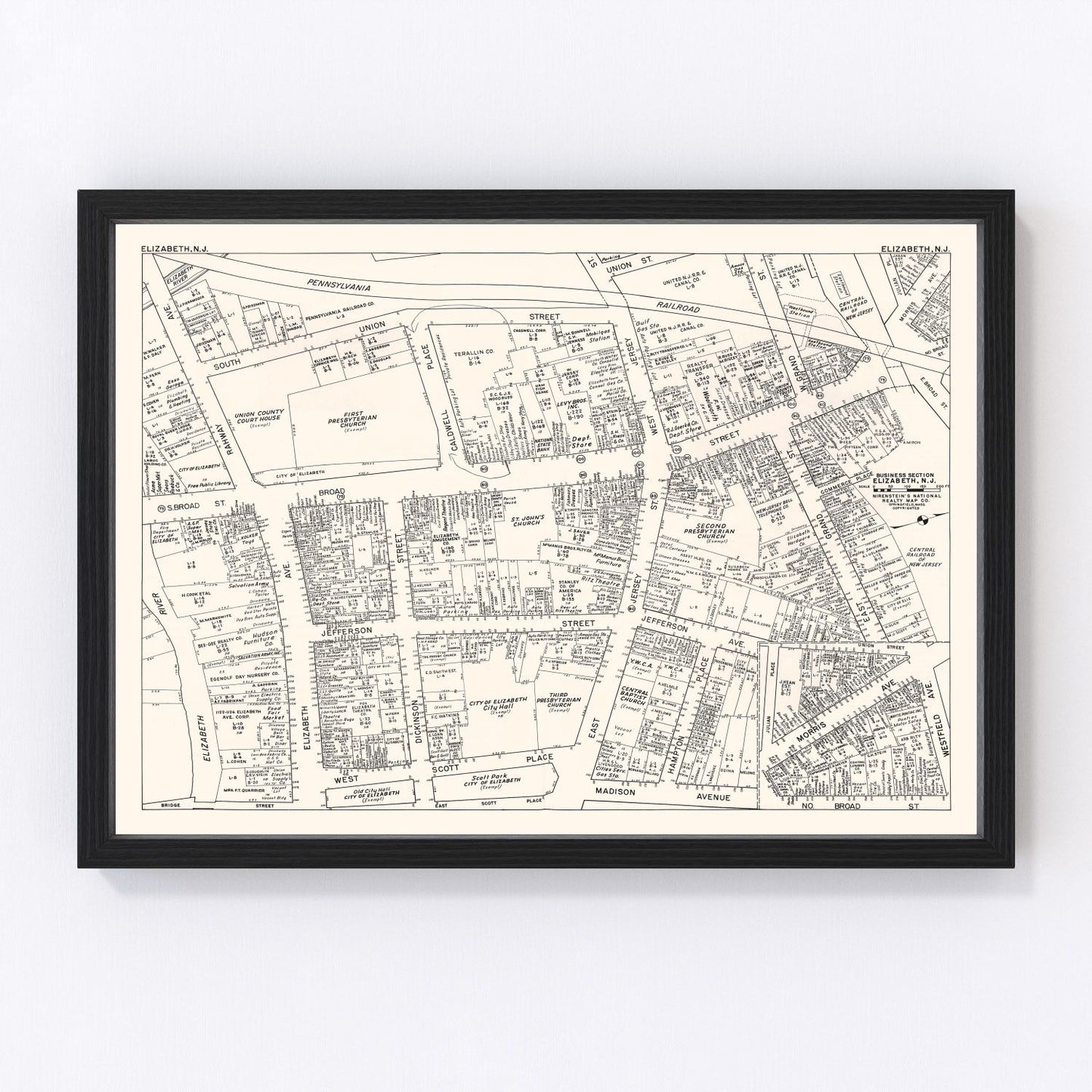 Vintage restored map of Elizabeth NJ Business Section, 1947, post-war downtown cartography