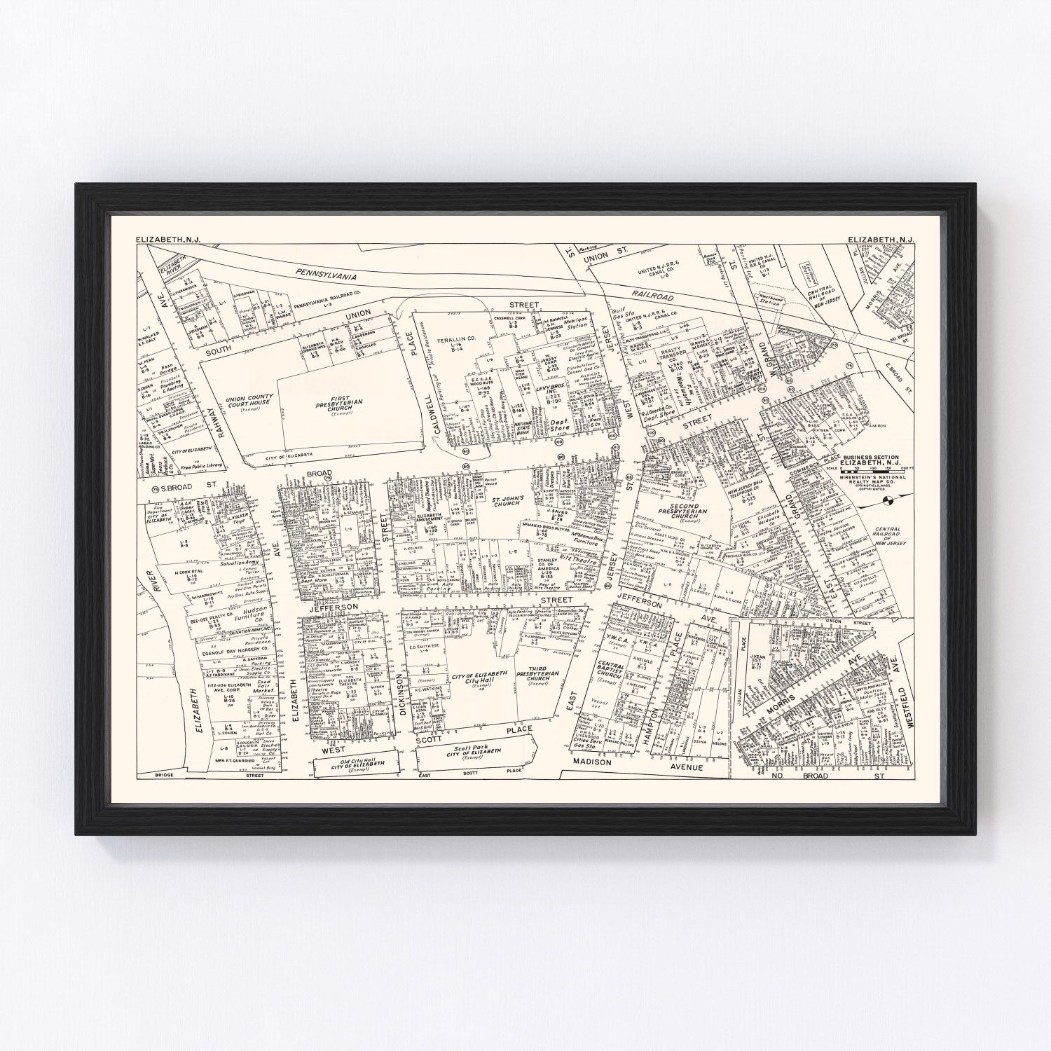 Vintage restored map of Elizabeth NJ Business Section, 1947, post-war downtown cartography
