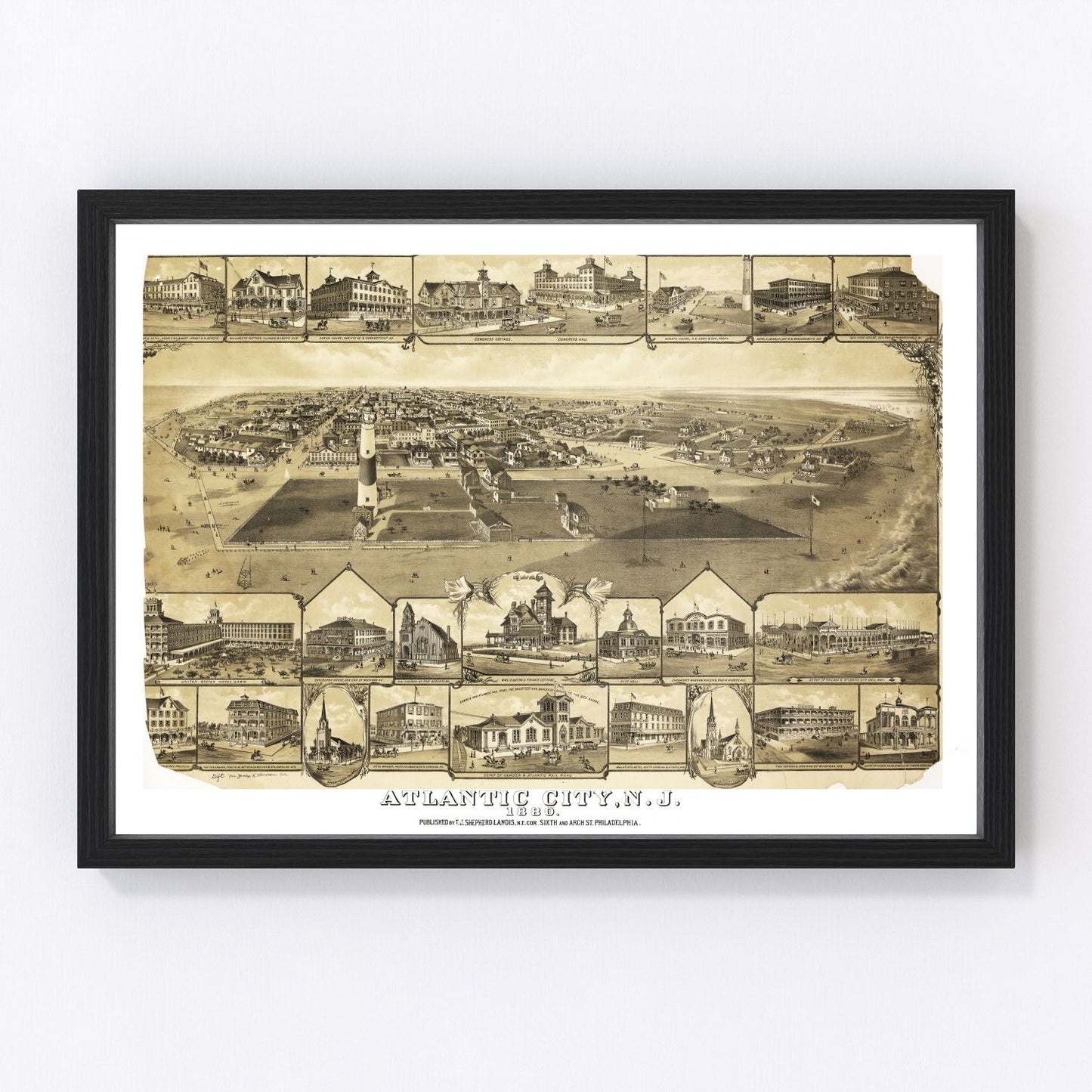 vintage map of Atlantic City, New Jersey, 1880, early shore resort