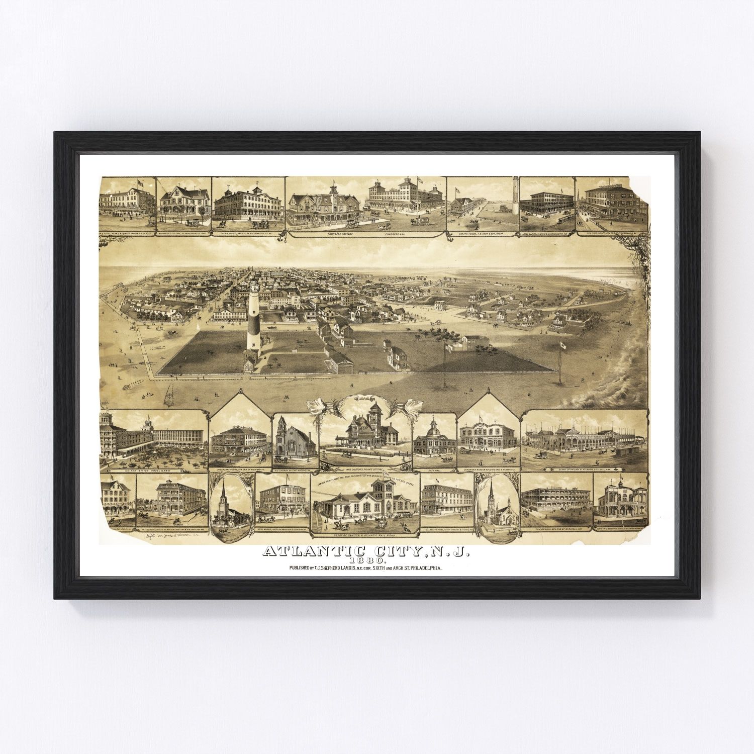 vintage map of Atlantic City, New Jersey, 1880, early shore resort