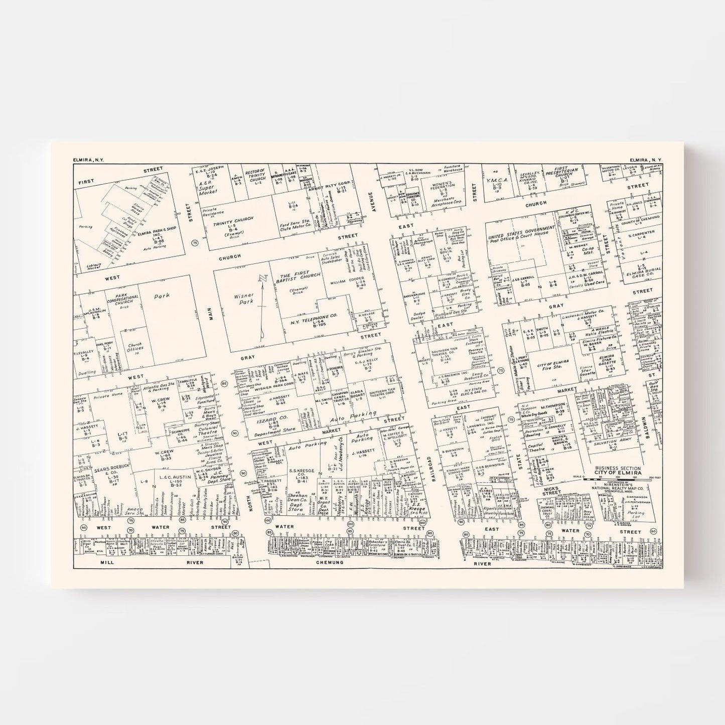 Vintage Map of Elmira, New York Business Section 1947
