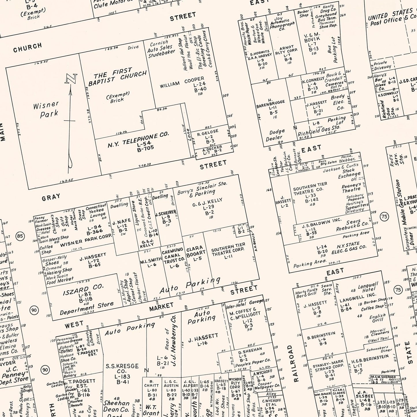 Vintage Map of Elmira, New York Business Section 1947