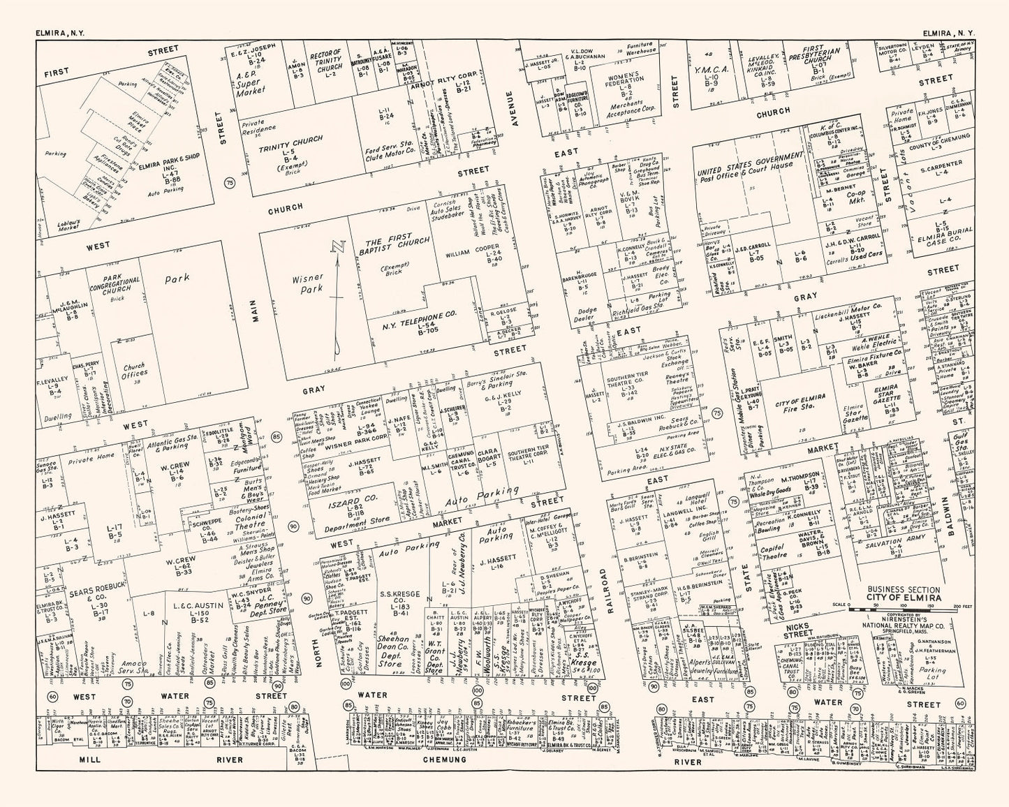 Vintage Map of Elmira, New York Business Section 1947