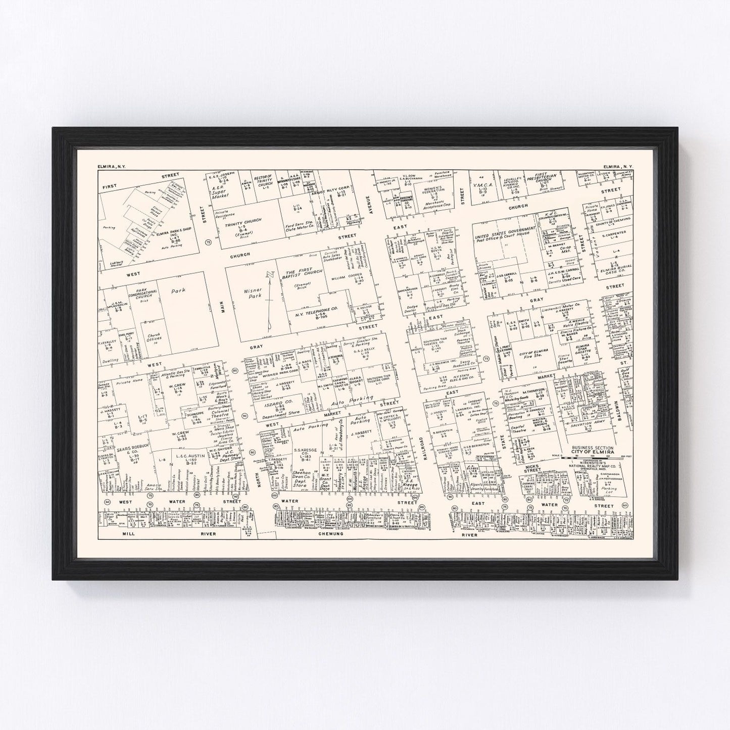 vintage map of Elmira, New York business section, 1947