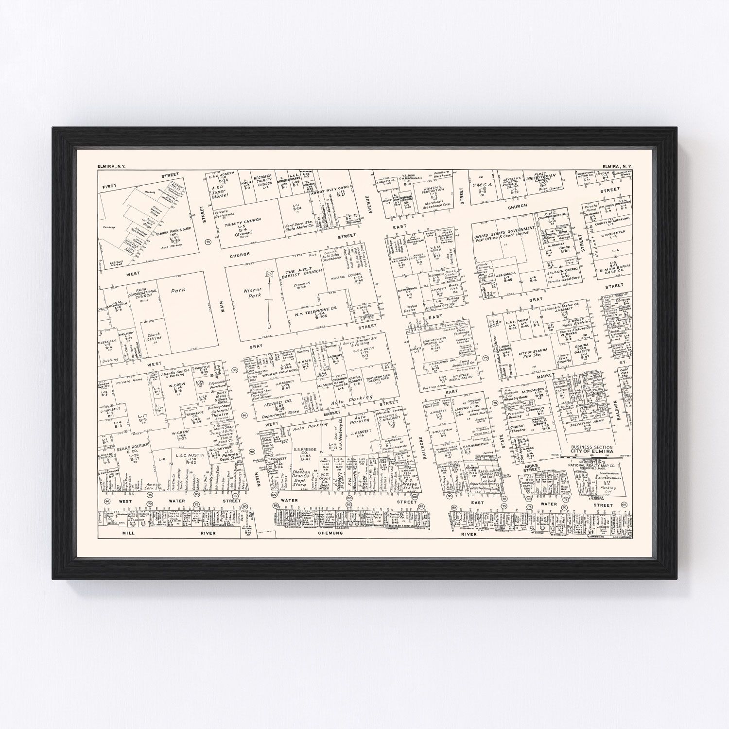 vintage map of Elmira, New York business section, 1947