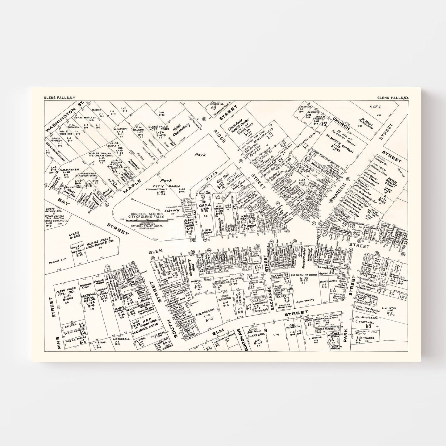 Vintage Map of Glens Falls, New York Business Section, 1947
