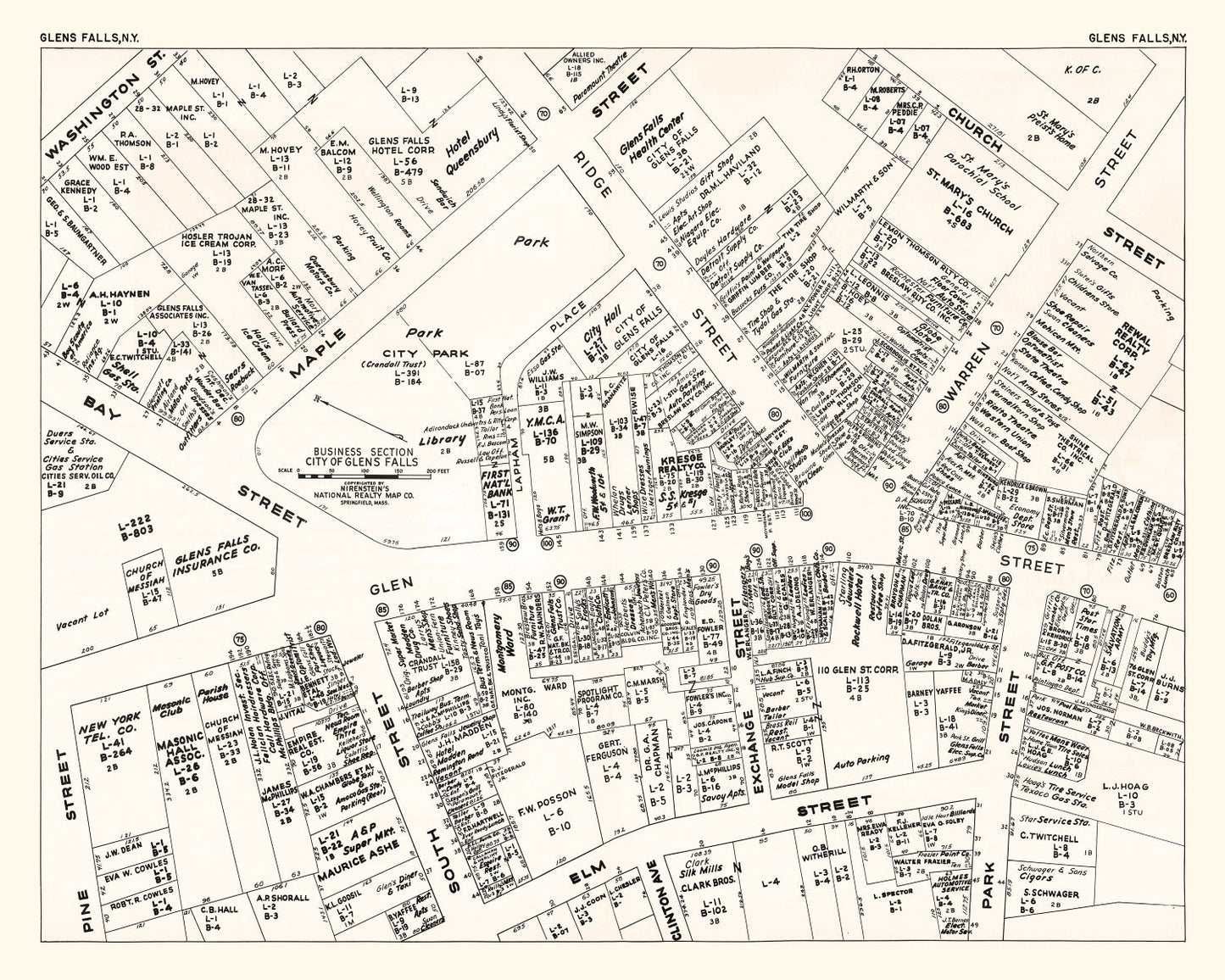 Vintage Map of Glens Falls, New York Business Section, 1947