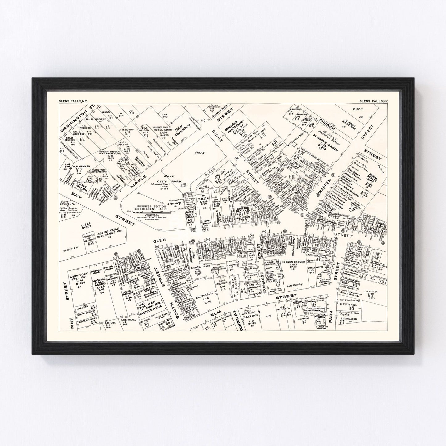 Vintage map of Glens Falls, New York business section, 1947