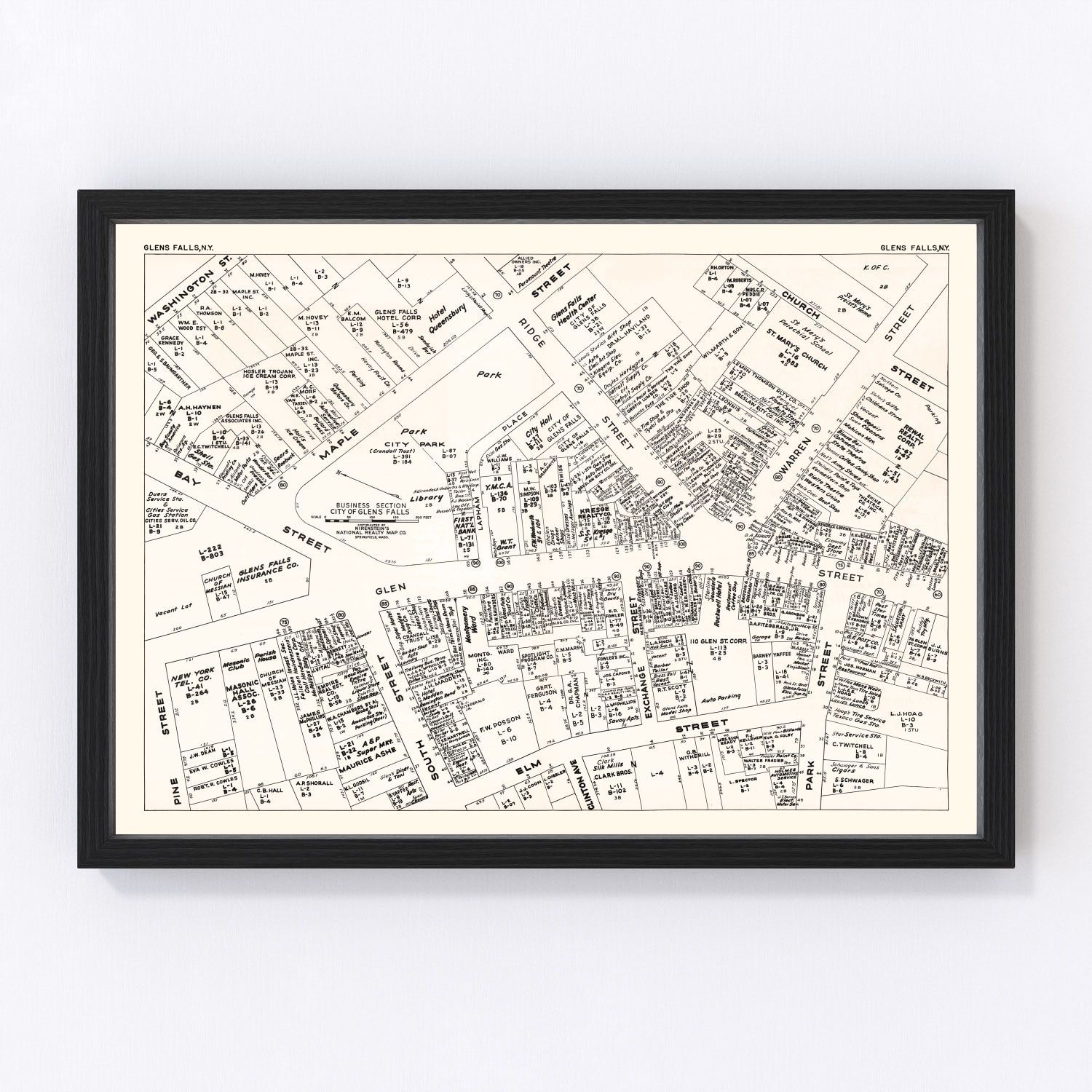 Vintage map of Glens Falls, New York business section, 1947