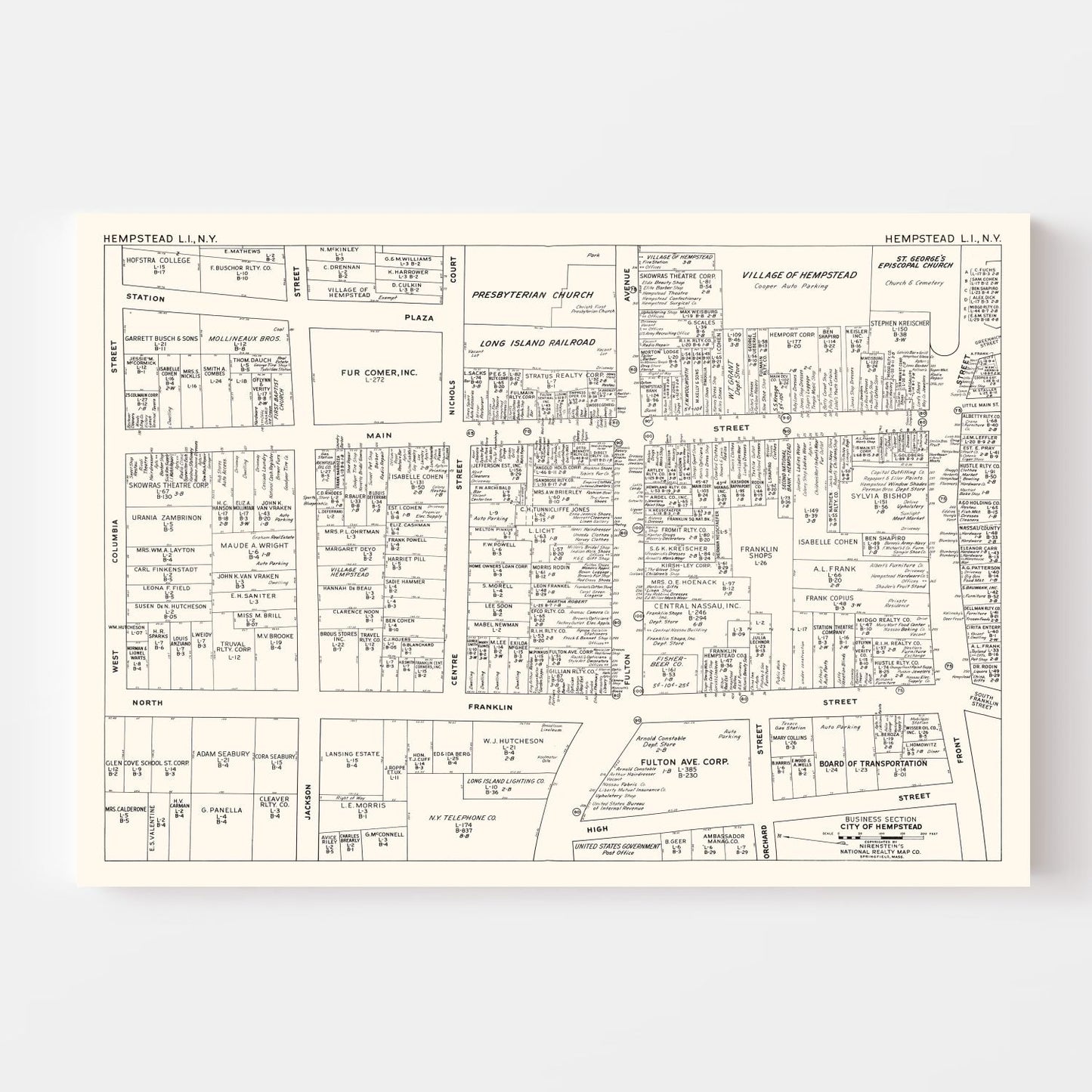 Vintage Map of Hempstead Business Section, New York, 1947