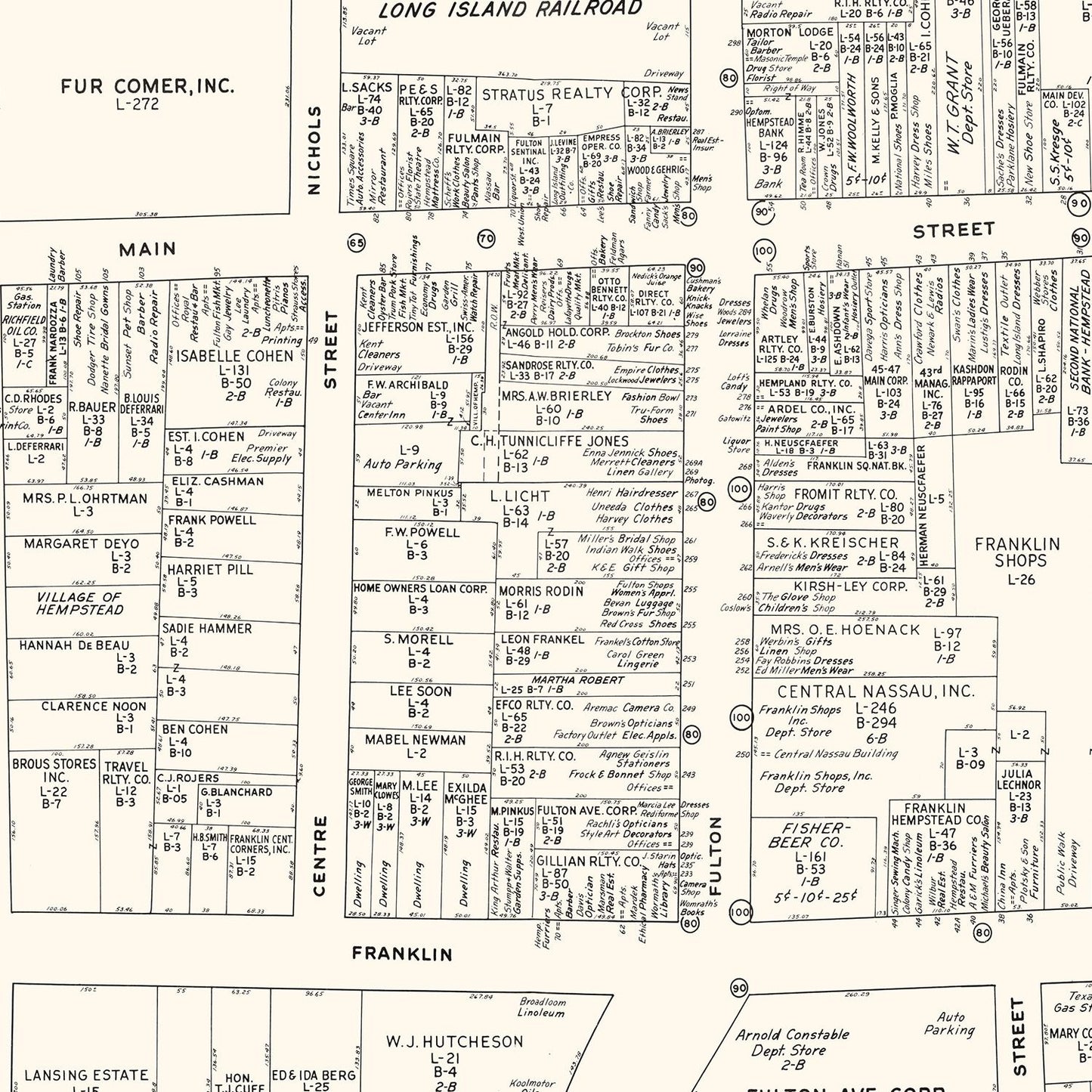 Vintage Map of Hempstead Business Section, New York, 1947
