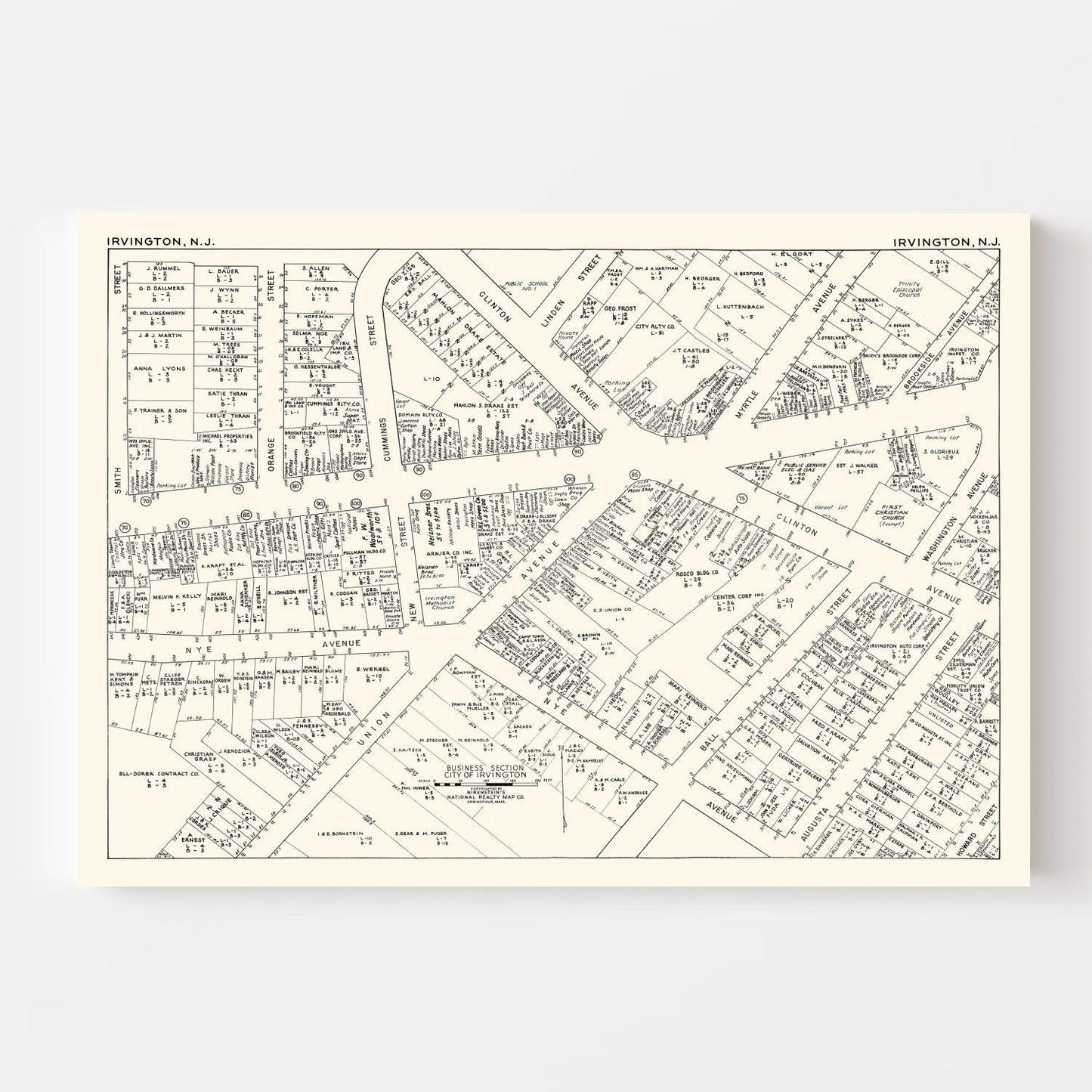 Vintage Map of Irvington, NJ Business Section, 1947