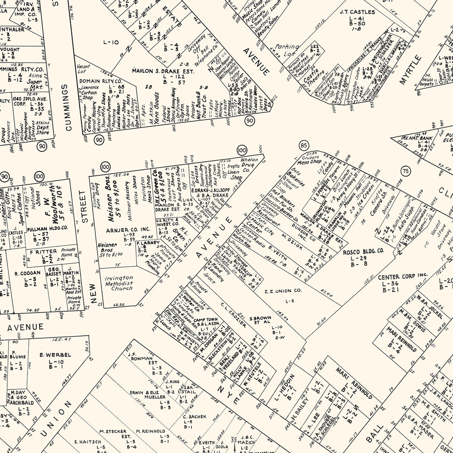 Vintage Map of Irvington, NJ Business Section, 1947