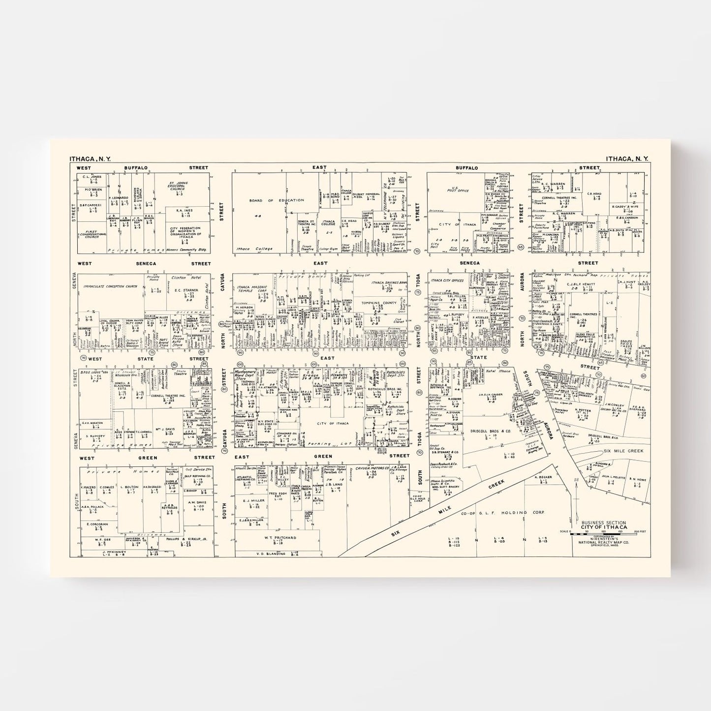 Vintage Map of Ithaca, Tompkins County, New York, 1947