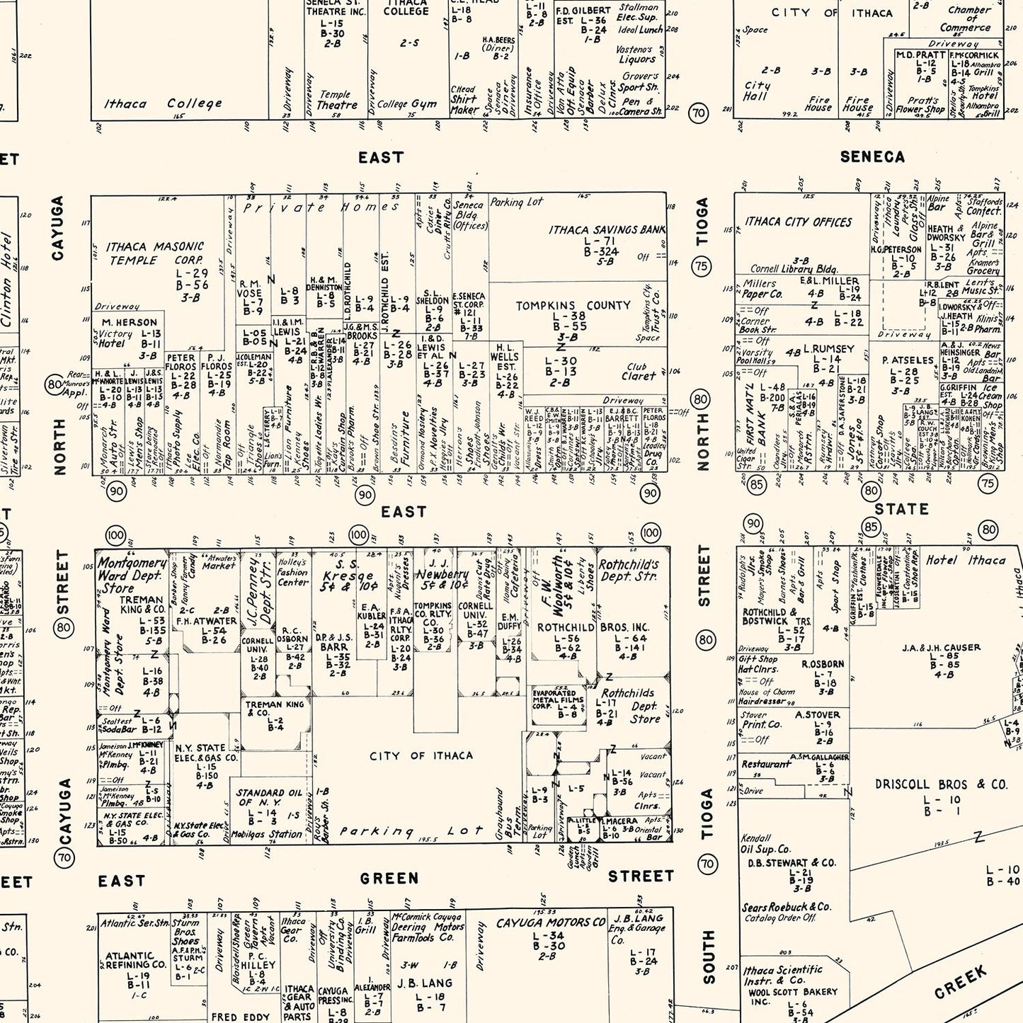Vintage Map of Ithaca, Tompkins County, New York, 1947