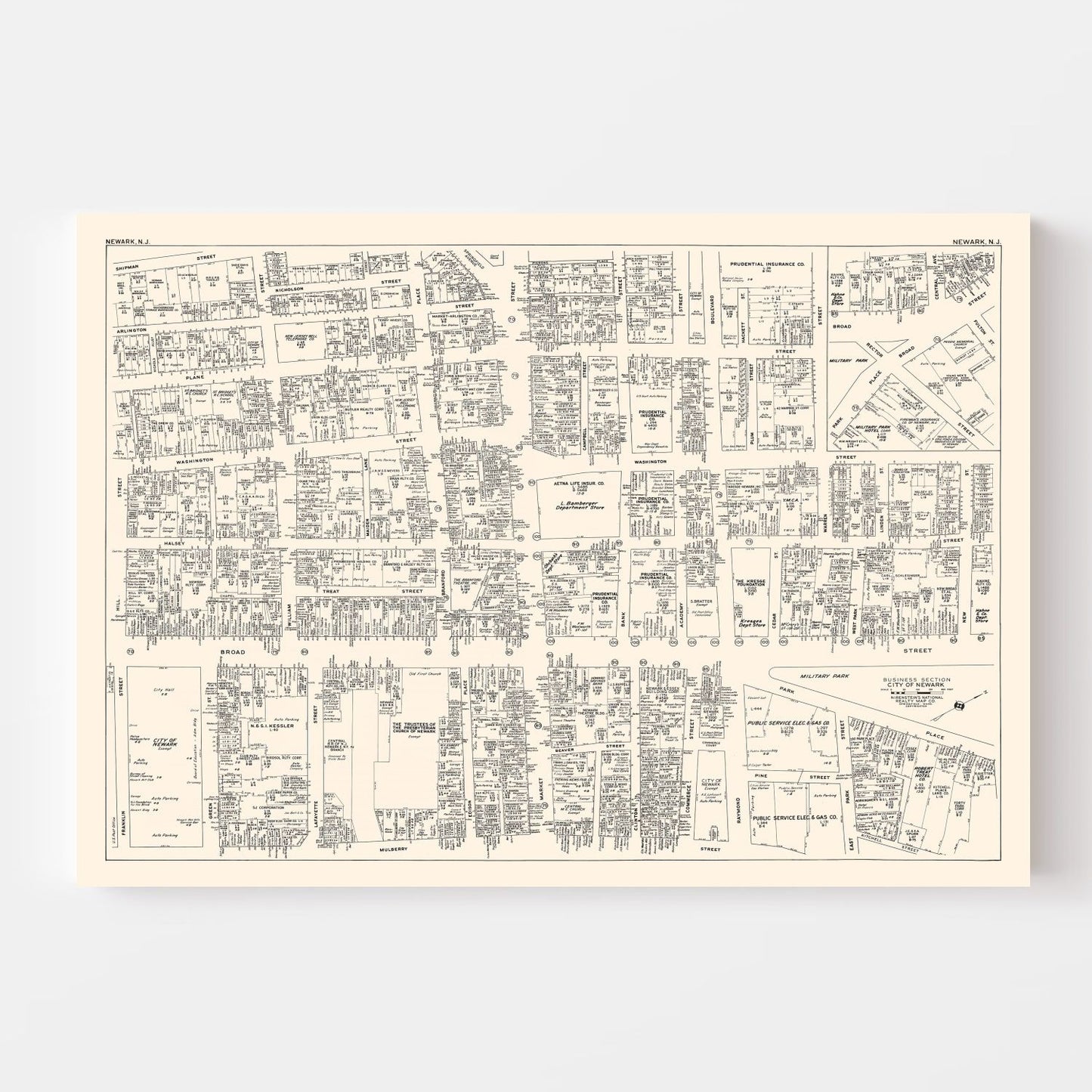 Vintage Map of Newark Business Section, New Jersey, 1947