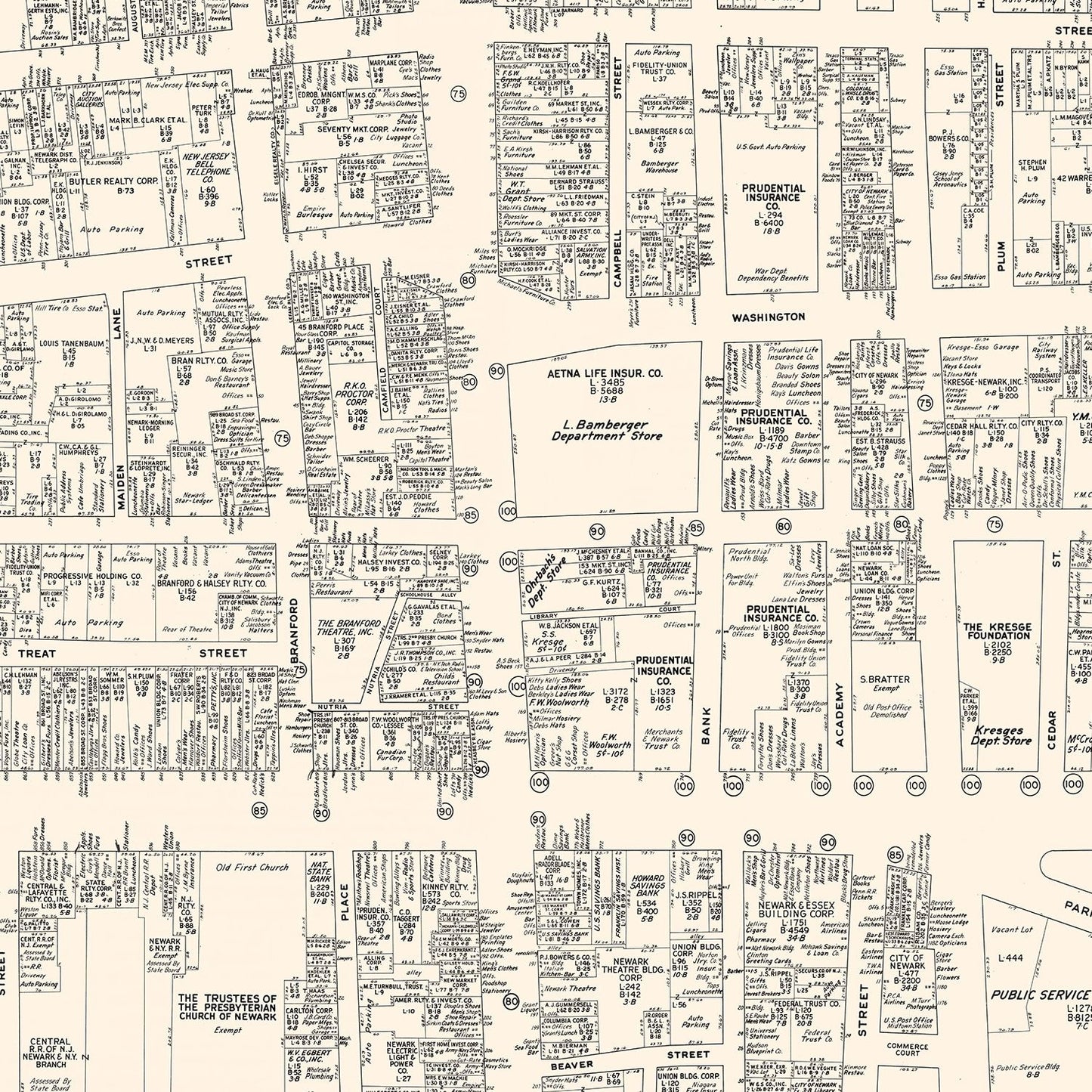 Vintage Map of Newark Business Section, New Jersey, 1947