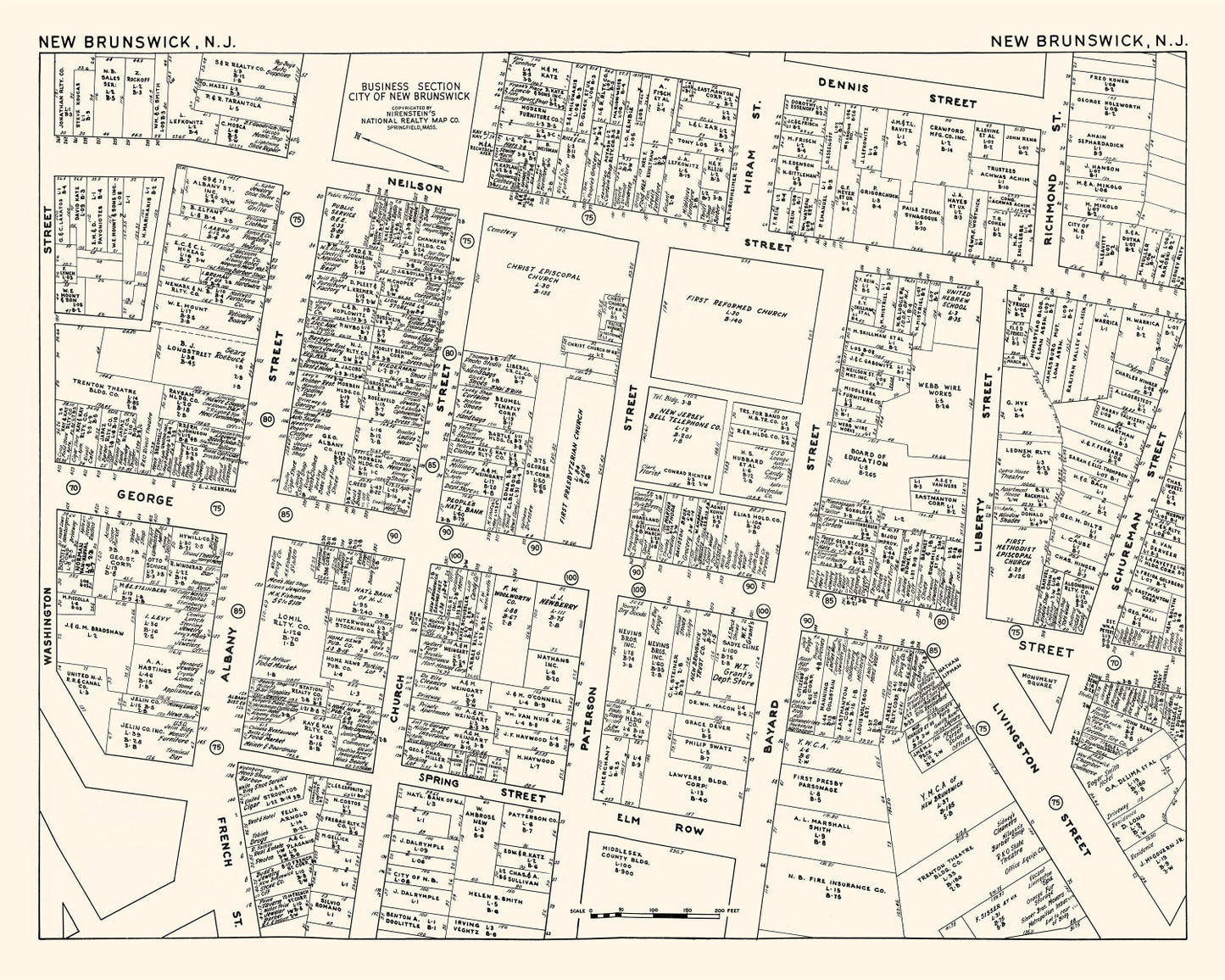 Vintage Map of New Brunswick, NJ Business Section, 1947