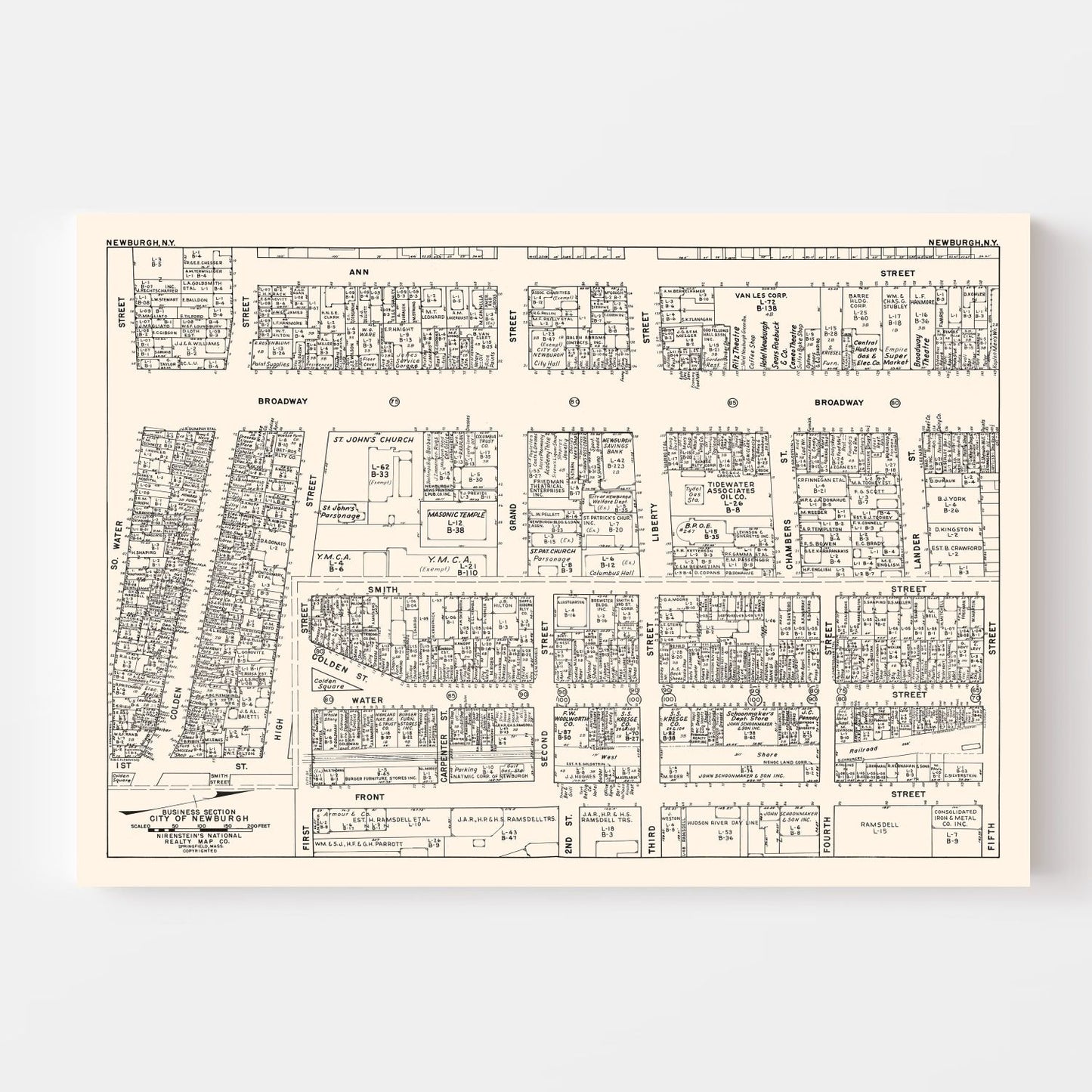 Vintage Map of Newburgh Business Section, New York, 1947