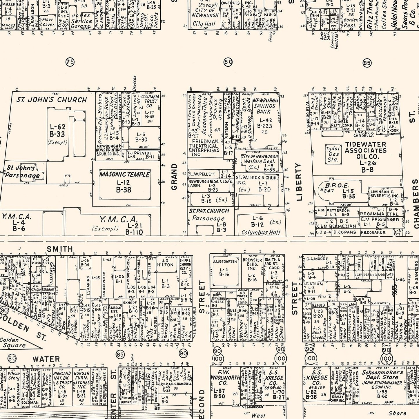 Vintage Map of Newburgh Business Section, New York, 1947