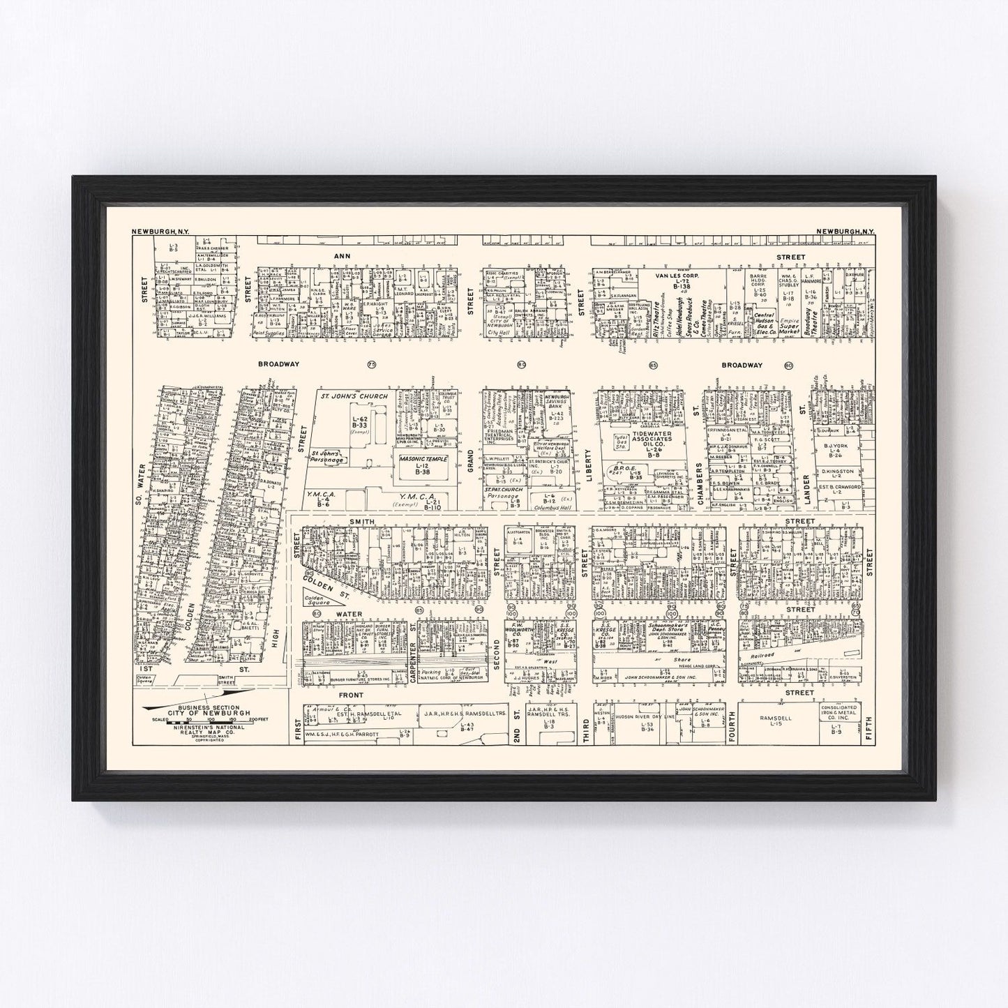 Vintage map of the Newburgh business section, New York, 1947