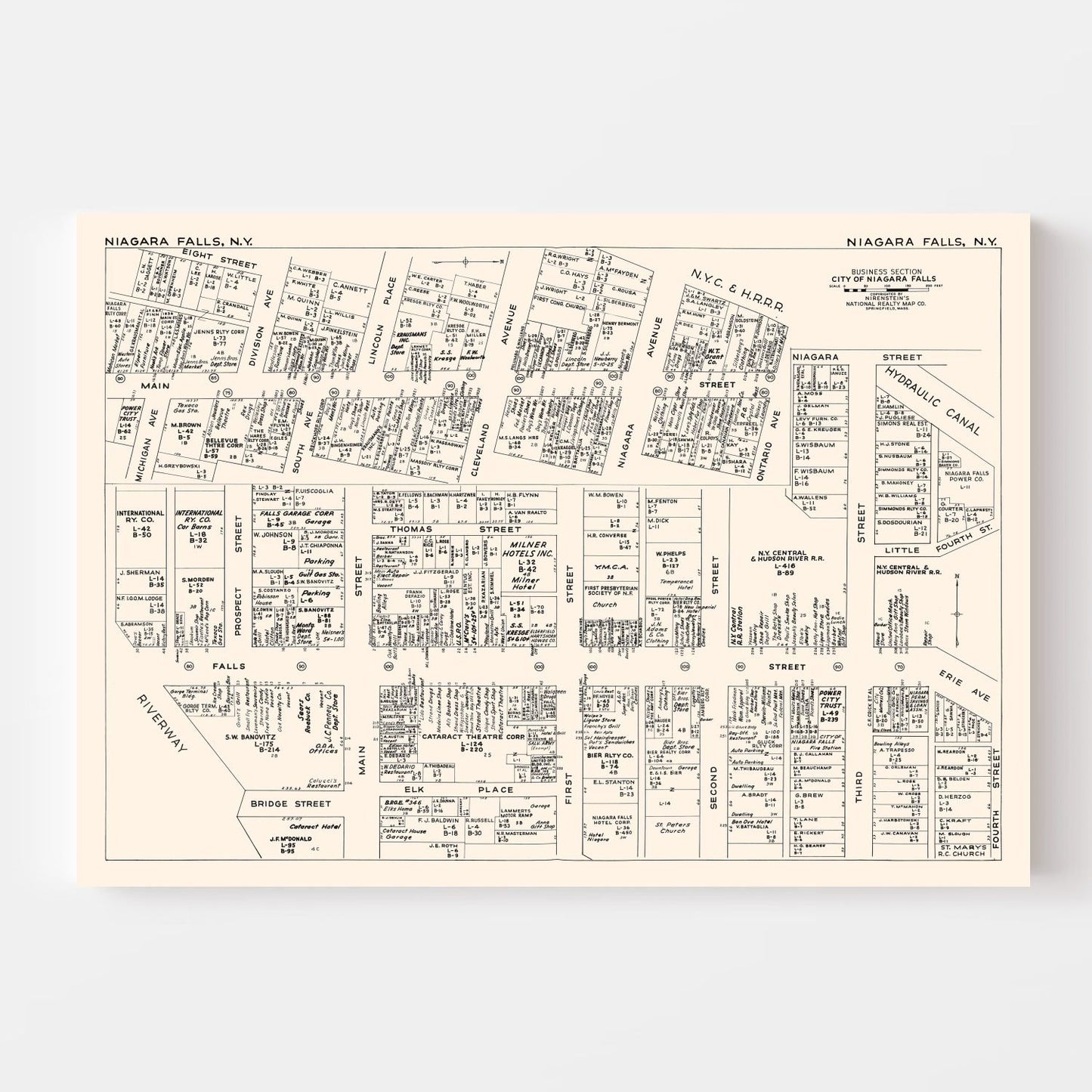 Vintage Map of Niagara Falls Business Section, New York, 1947