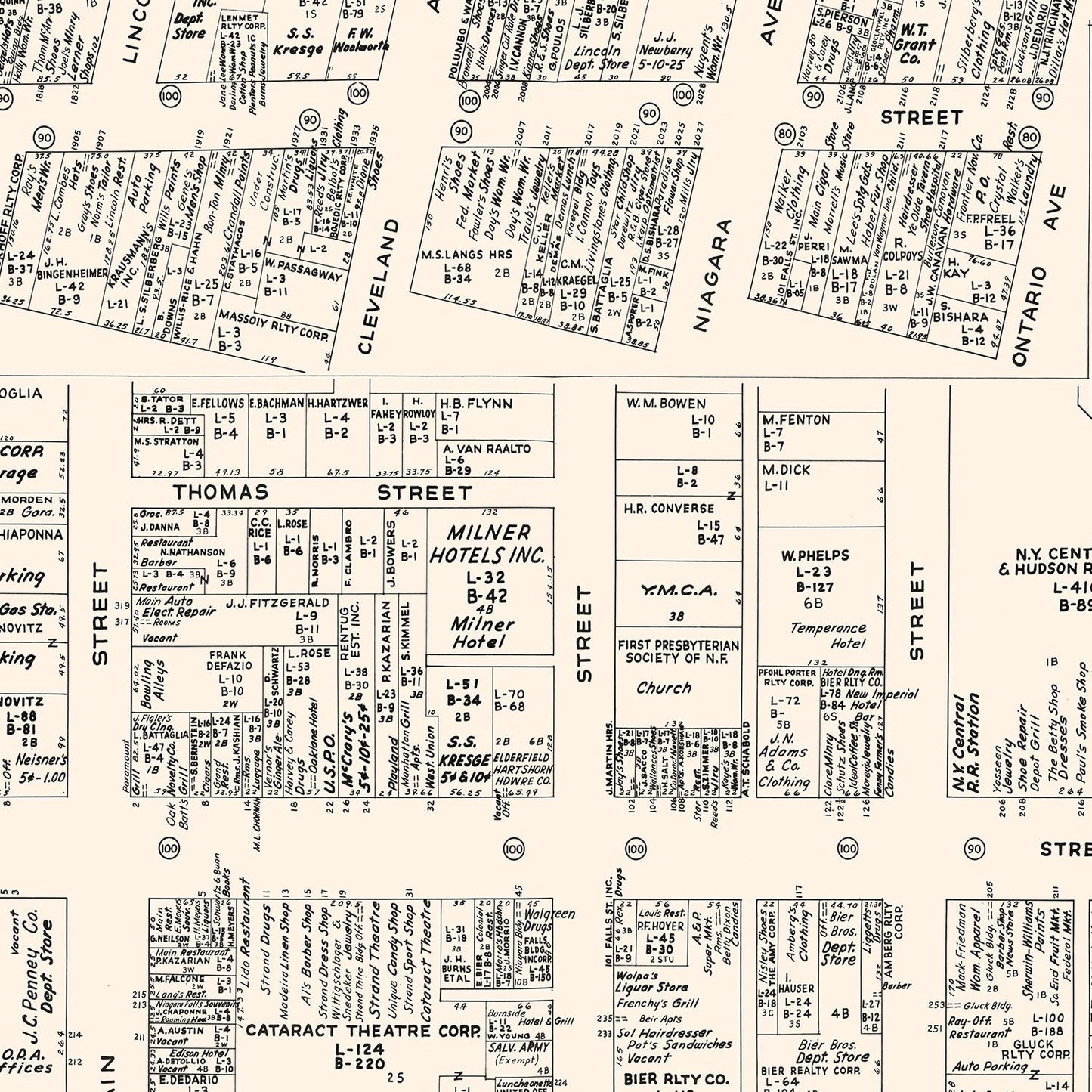Vintage Map of Niagara Falls Business Section, New York, 1947