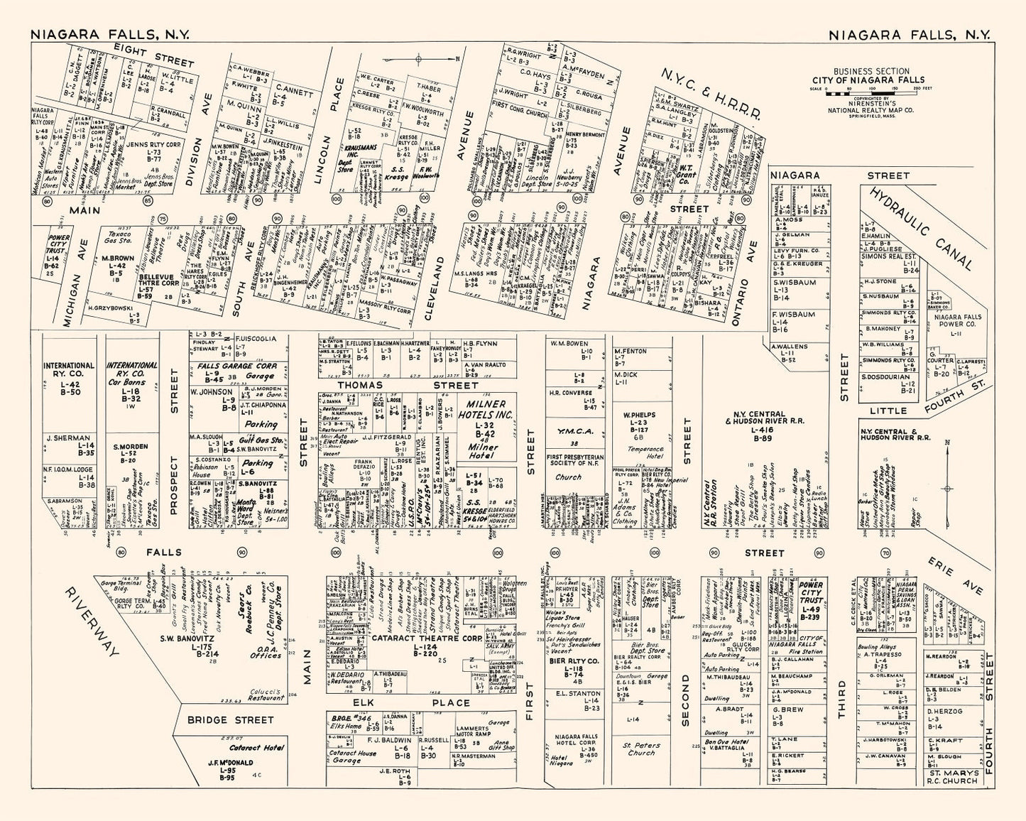 Vintage Map of Niagara Falls Business Section, New York, 1947