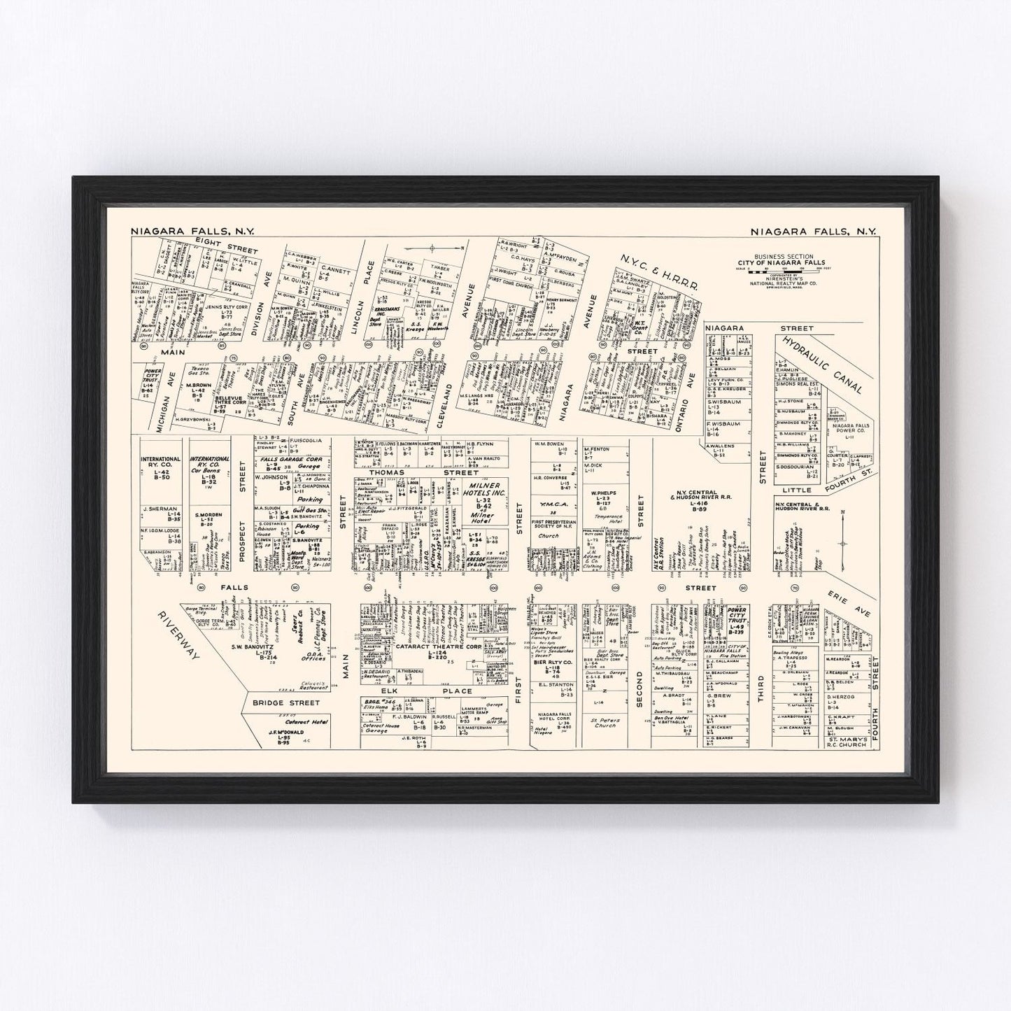 Vintage map of Niagara Falls business section, New York, 1947