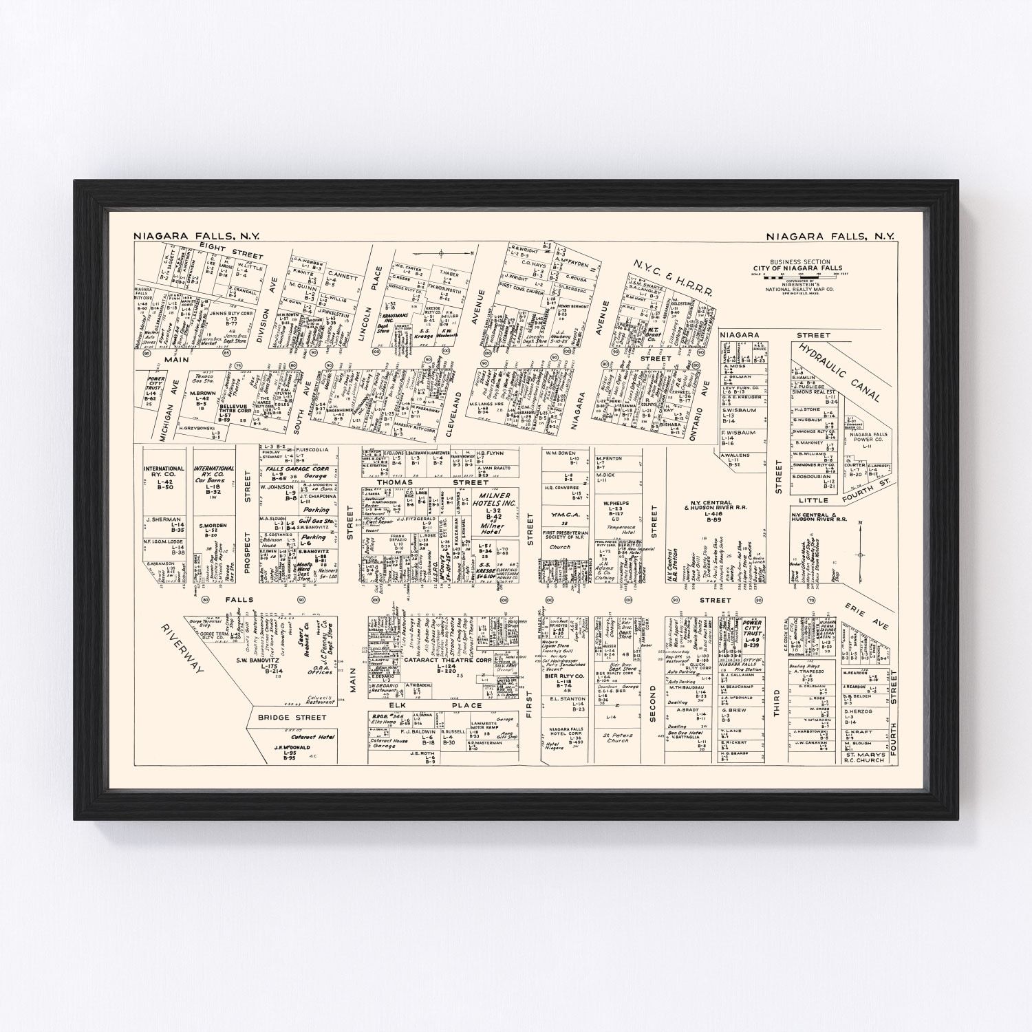 Vintage map of Niagara Falls business section, New York, 1947