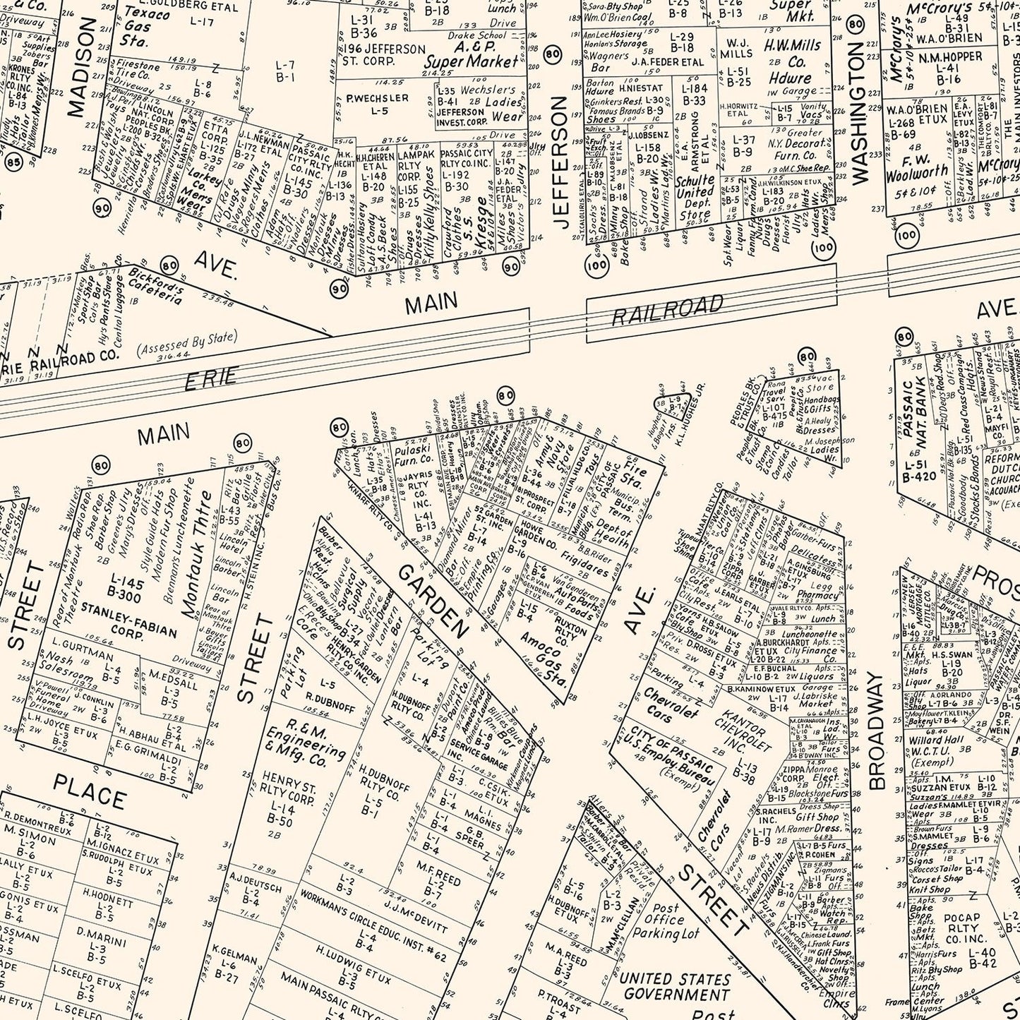 Vintage Map of Passaic, New Jersey Business Section, 1947