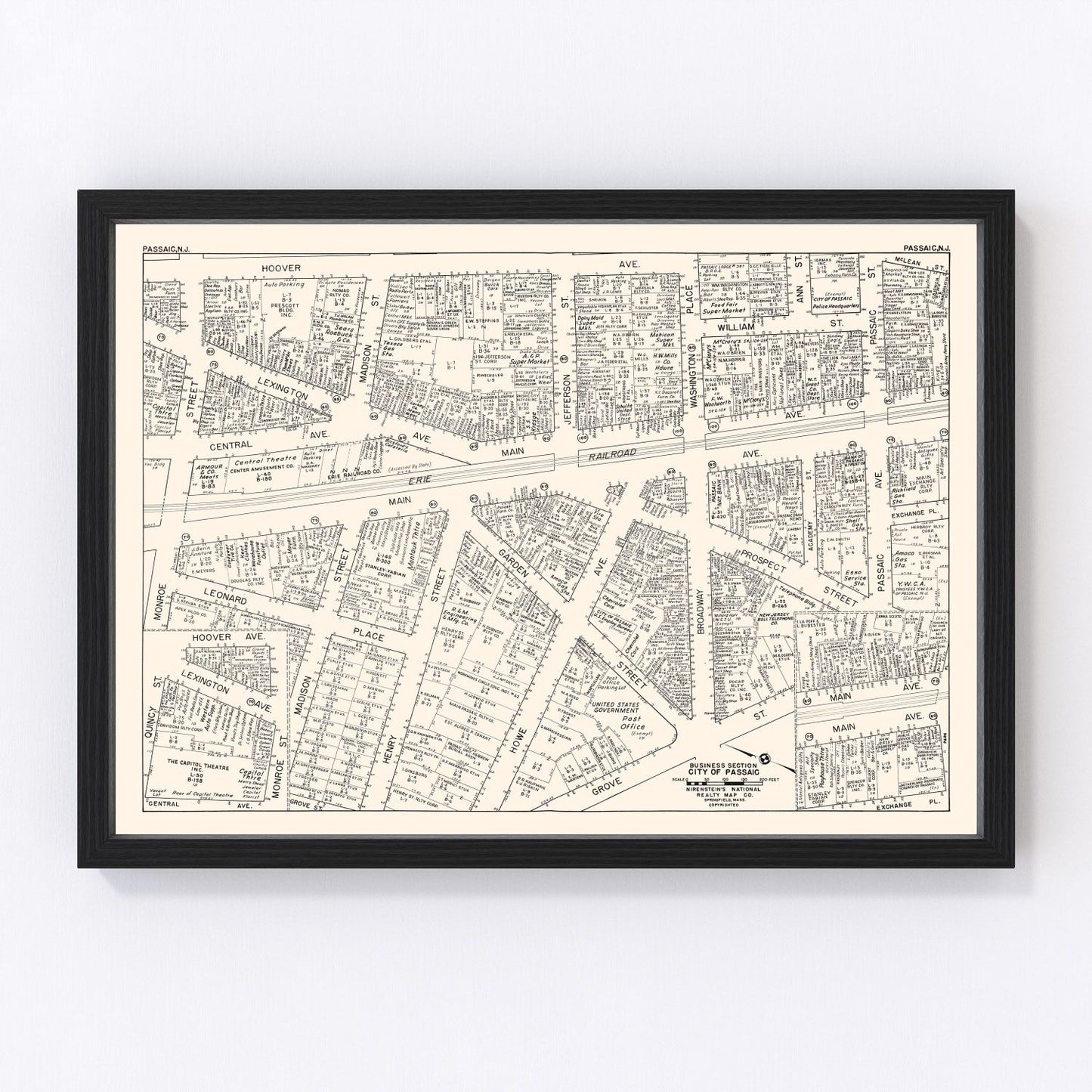 Vintage map of Passaic, New Jersey business section, 1947