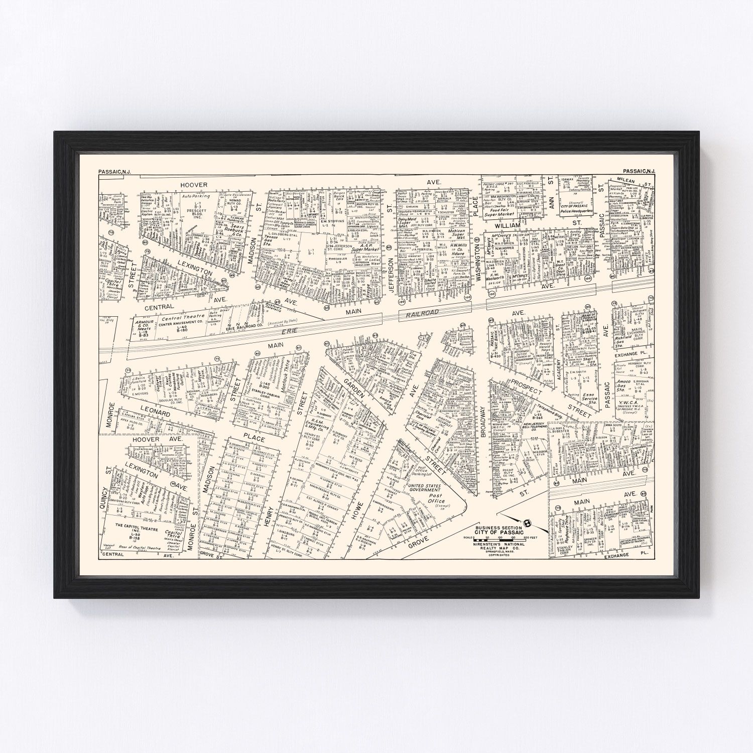 Vintage map of Passaic, New Jersey business section, 1947