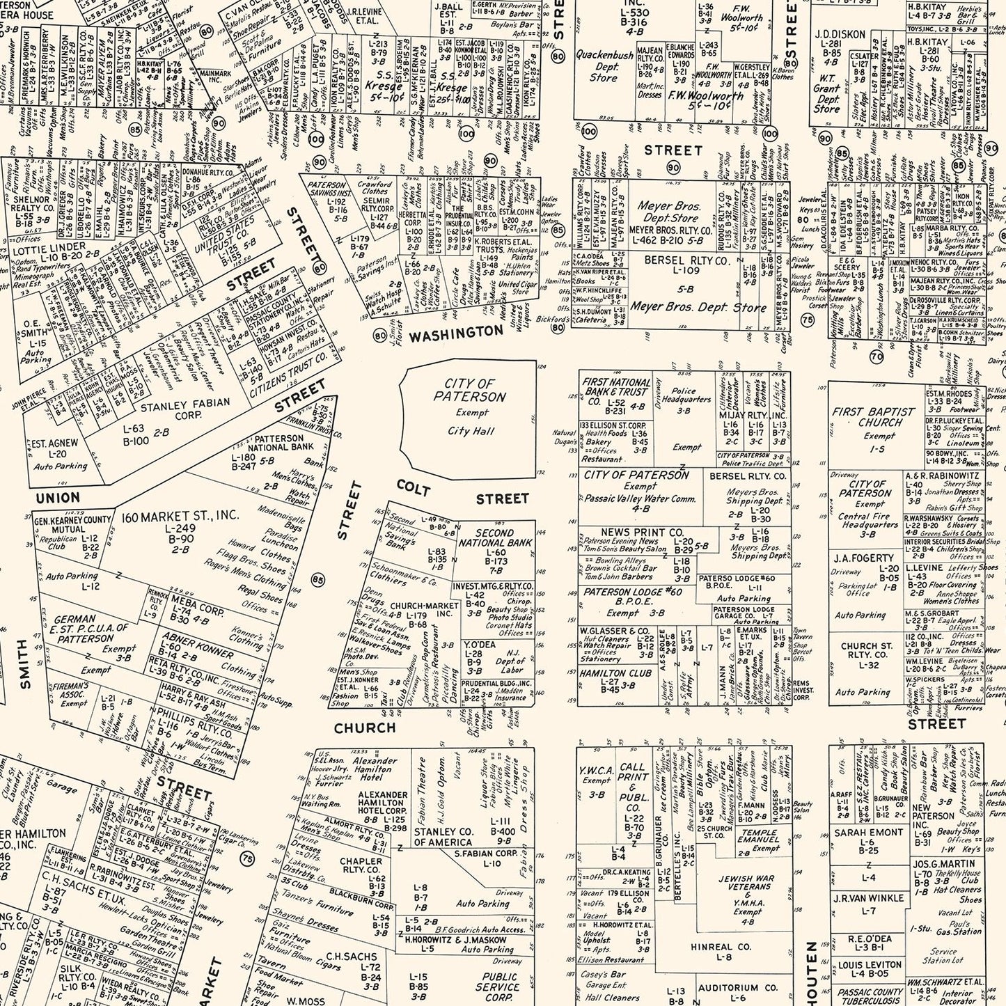 Vintage Map of Paterson, NJ Business Section, 1947